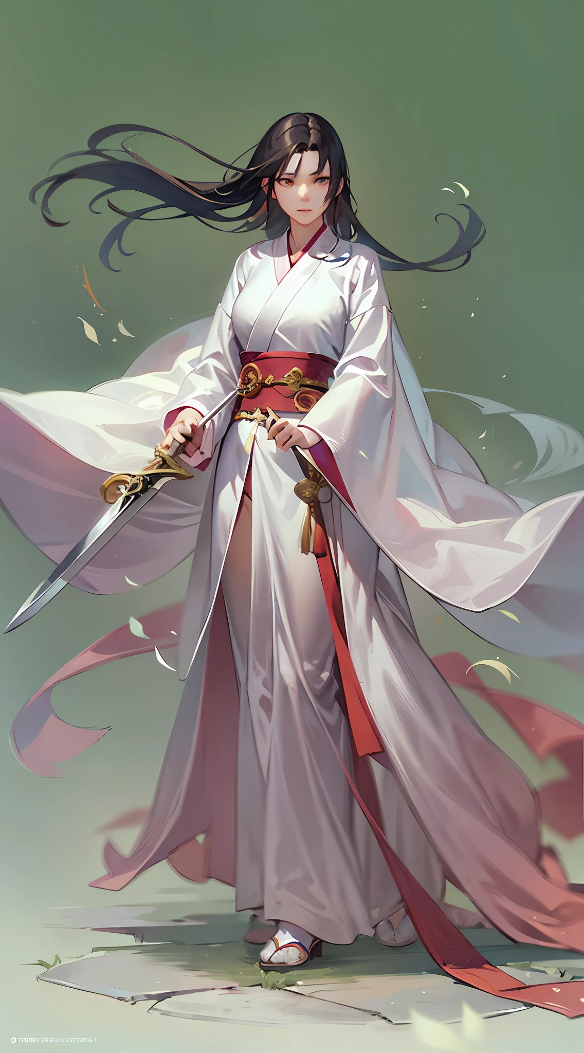 A levitating greatsword,Standing a woman in a white dress,Holding a sword in hand,a character portrait by Yang J,The popularity of CGsociety,Fantasyart,Beautiful character painting,Guviz-style artwork,Guvitz,White Hanfu,Flowing white robe,full-body wuxia,epic exquisite character art,Stunning character art,beautiful female assassin