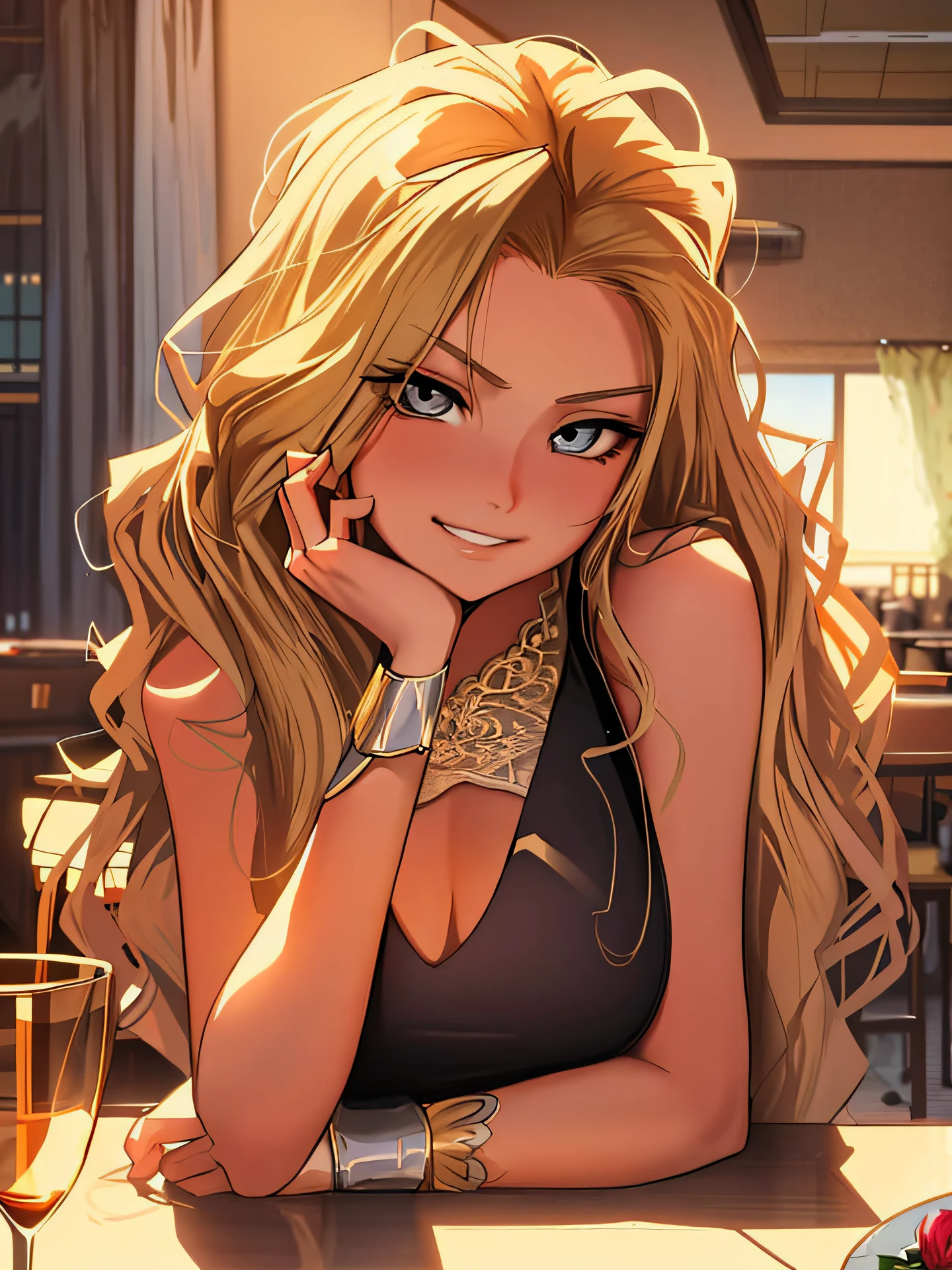 Anime girl with long blonde hair sitting at a table with a glass of wine, seductive anime girls, Blonde anime girl with long hair, Beautiful anime woman, beautiful and seductive anime woman, Beautiful anime girl, attractive anime girls, a beautiful anime portrait, sultry smirk, Anime girl with long hair, pretty anime girl, portrait anime girl, anime visual of a cute girl
