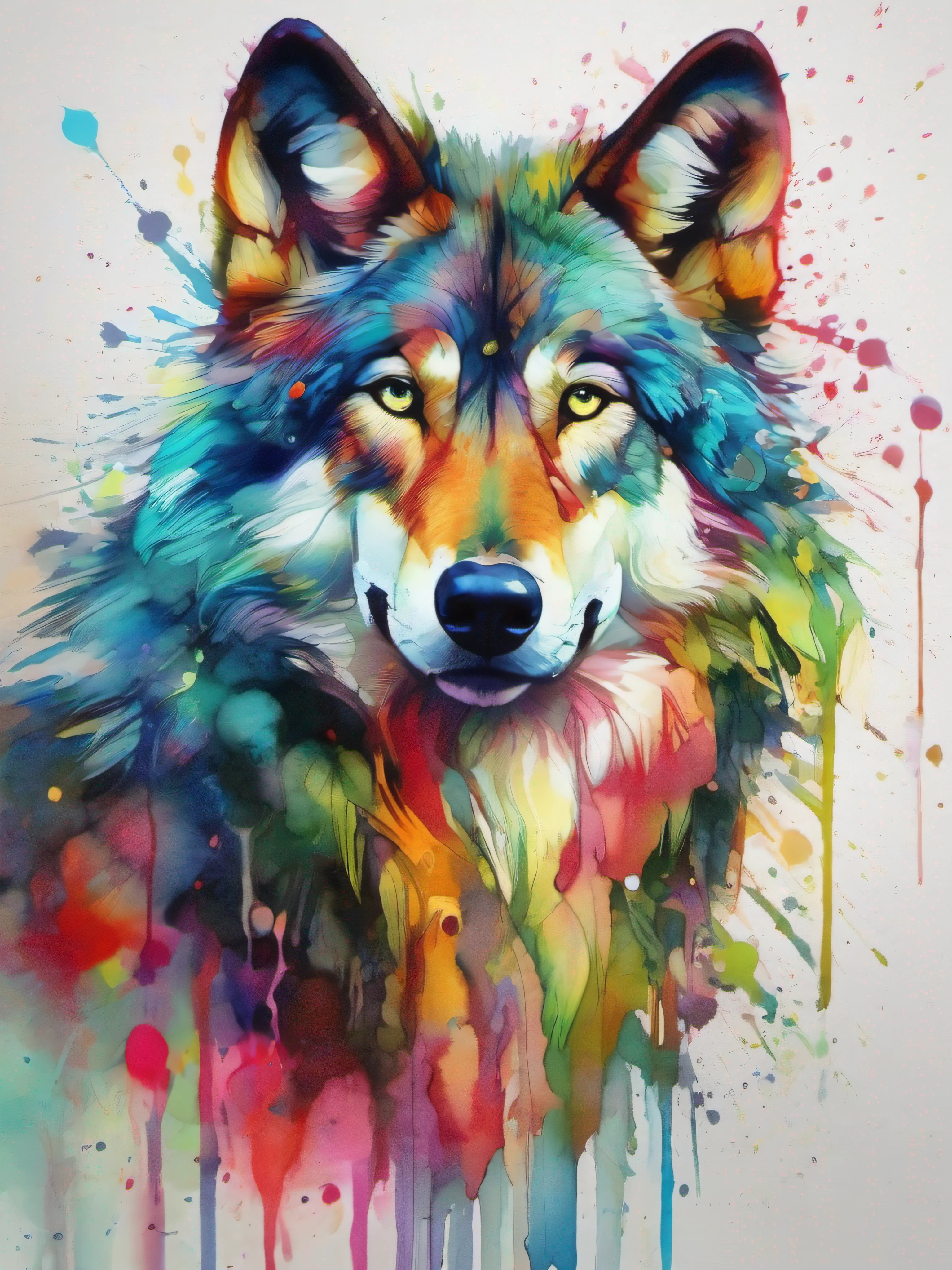 Draw a wolf with colorful ink on its face, archan nair, painted in bright water colors, animal drawing, vibrant watercolor painting, painting of cute dog, Stunning artwork, Surrealism with bright colors, plethora of colors,detail-rich, lovely digital painting, Amazing, digital art animal photo, colorful art, art of alessandro pautasso, watercolor detailed art
