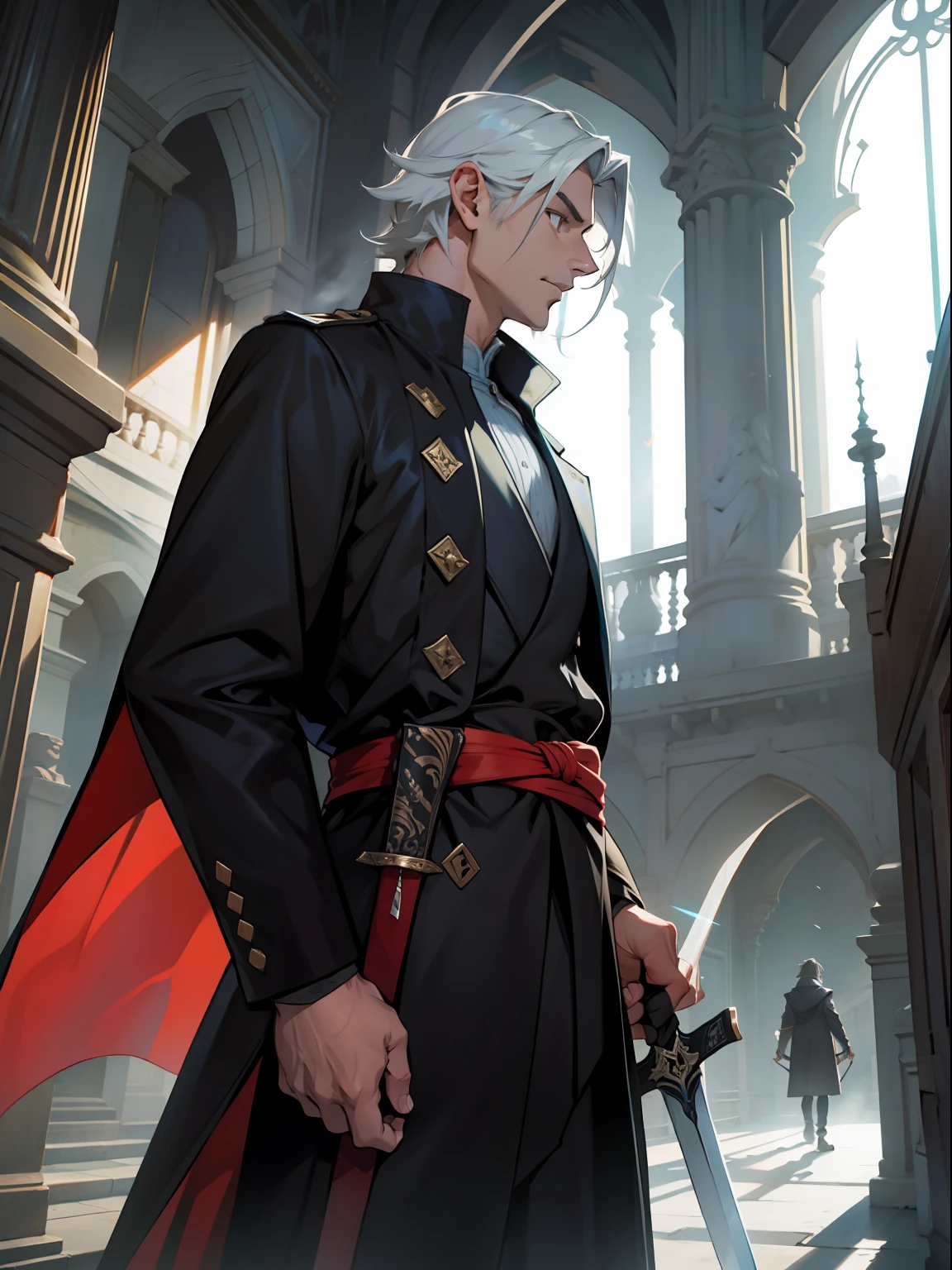 of a guy,Long sword in hand,Long coats are biased,Flying,In the daytime,