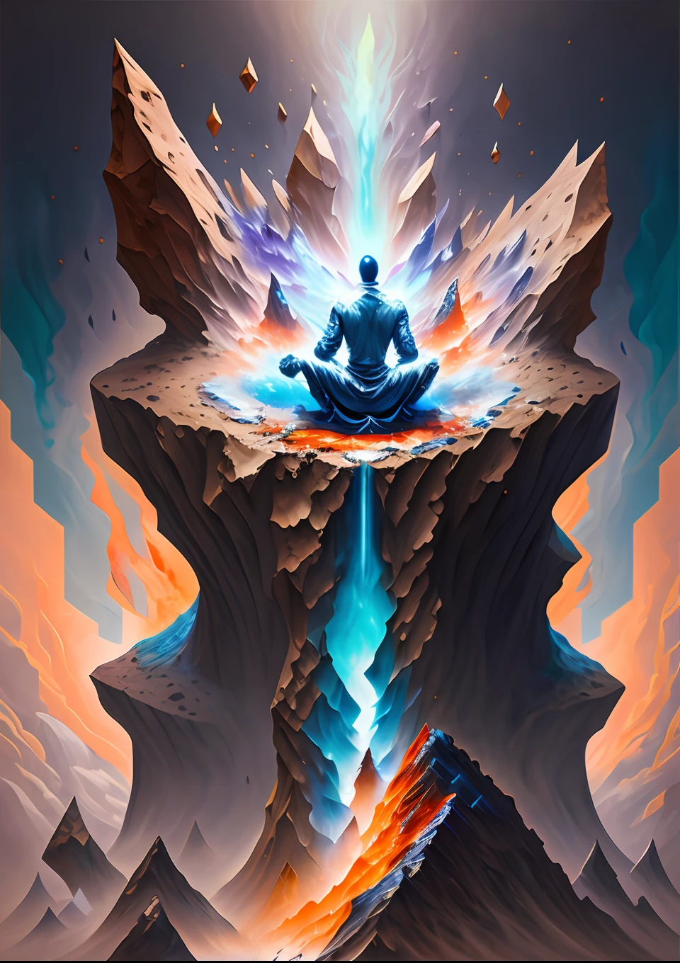 Awakened man sitting meditation in 5th dimension world,  climbing the asteroid,  character render, ultra high quality model, ethereal background, abstract beauty, explosive volumetric, oil painting, heavy strokes, paint dripping, 1 man, magic lighting, enlightenment lighting,