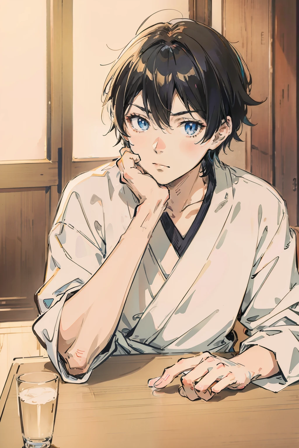 Anime boy sitting at table，hand on chin, in style of kyoto animation, anime moe art style