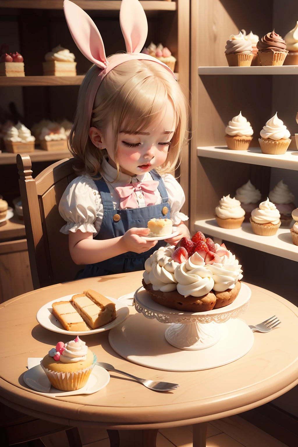 A small child,Eat cake at a dessert shop,adolable,Stunning décor,A wide range of products,Dessert,breads,Cupcakes,Rabbit Chef,magia,alice in the wonderland