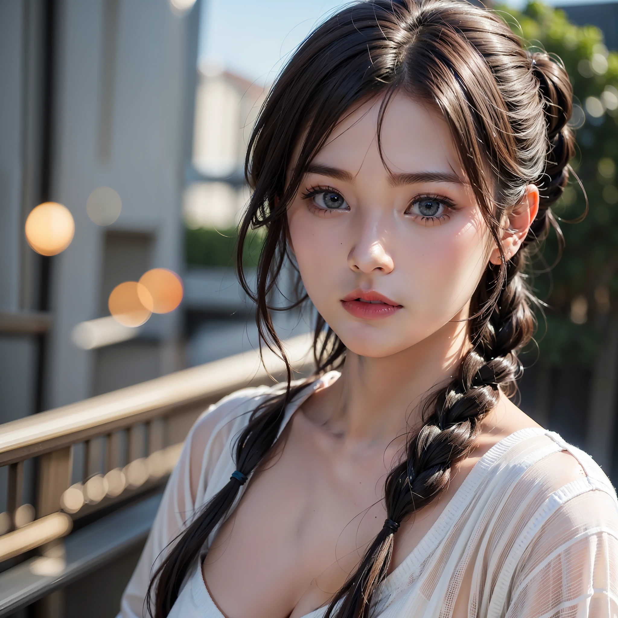 8K,RAW photos,best qualtiy,tmasterpiece,High-detail RAW color photos,profesional photo,(realisticlying,Photoreality:1.37),(highdetailskin:1.5),A high resolution,Beautiful and delicate sky blue eyes,(hardfocus:1.4),(Clear focus:1.4),realisticlying,(8K UHD:1.2),photorealistic High quality shadows,Cherry lips,Slender face,(Wavy hair),Half Up Top Knot,Ponytail braid,Pink big breasts,suggestive appearance,(Extreme Face Close-Up) , angle of view, (((depth of fields))), Pale and Lustrous Skin, Cropped shirt, 20yr old, buruma, the roof, Background bokeh, lens flare glow, (Vignette:0.8), dramatic lights, Cinematic lighting, Contre-Jour,Professional lighting,physically-based renderingt,Urzang-6500-V1 version.1,PureErosFace_V1。