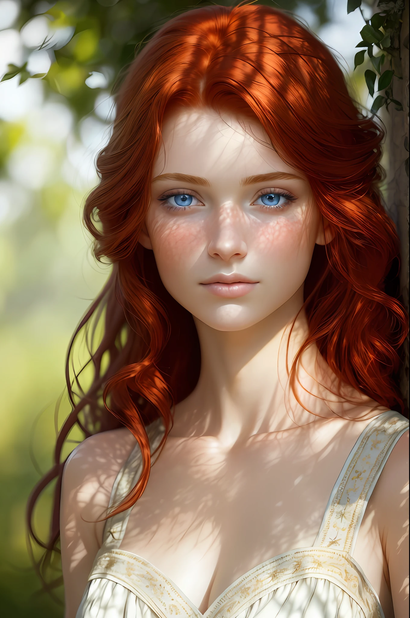 8k portrait of photo of beautiful French girl, red hair, full body, realistic, natural skin, soft sunlight, textured skin, intricate, elegant, highly detailed, majestic, digital photography, (masterpiece, sidelighting, finely detailed beautiful blue eyes: 1.2), hdr,