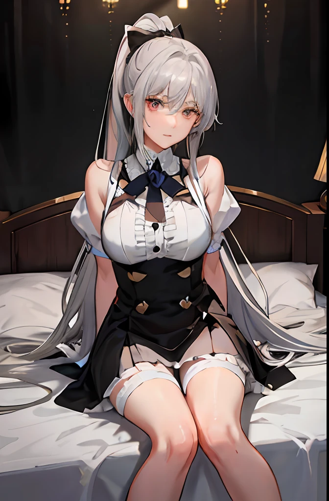 （（（1个Giant Breast Girl）），Ray traching，（dim murky lights），[detailedbackground（Bedrooms）），（（Silvery hair）），（（Silvery hair）），（（（（（Fluffy silver hair，plump and slender girl））Wears a high ponytail）））Avoid golden eyes in the ominous bedroom（（（（Girl naked in suspender stockings）There are also white ruffled bow gloves），It shows a delicate and slender figure and beautiful curves，Correct limbs，sit on a bed