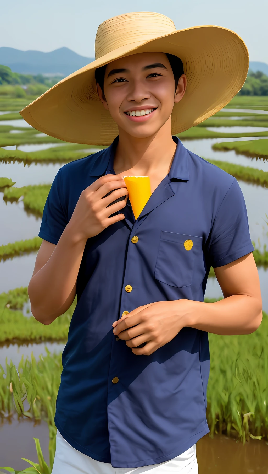 (closeup cleavage），（（full bodyesbian）），frontage，A boy with，peasant，ssmile，Holding a red koi in his hand，Wearing a straw hat，Wearing peasant clothes，（realisticlying），（naturey），Afternoon sun，Warm color style，8k，HDR，photography of，There is depth of field,Golden rice paddies in the background，The chest clothes are tight