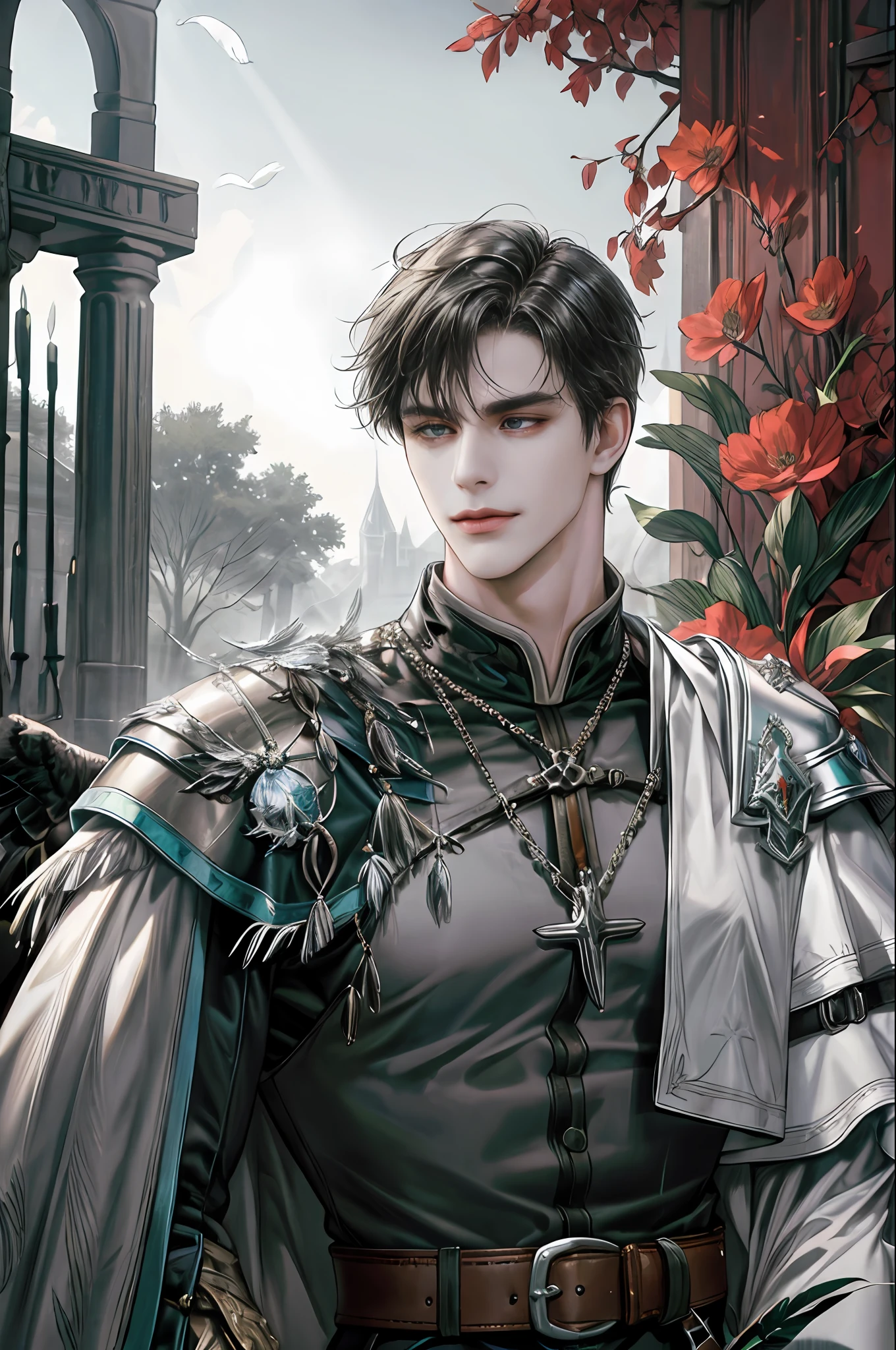 (absurdres, highres, ultra detailed), 1 male, adult, handsome, tall muscular guy, broad shoulders, finely detailed eyes,  looking down, solo, upper body, detailed background, detailed face, falconer, bird resting on shoulder, eagle resting on shoulder, falconer gloves, light smile,  medieval fantasy setting, high fantasy, gray  leather clothes, capelet,    straps, belt, serene forest, bushes,    river,      flowers, birds, feathers,   crossbow,  mist,, (dutch angle), closed mouth, upper body