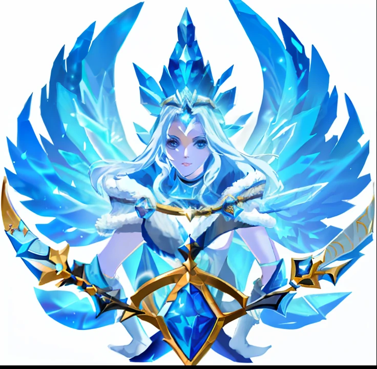 Blue angel with wings and sword, queen of ice, league of legends arcane, Ice Mage, glowing angelic being, mystical atlantean valkyrie, emblem of wisdom, crystal maiden, league of legends champion, queen of ice and storm, style of league of legends, crystalline skin, Ashe, ice lord, Elsa, goddess of wisdom
