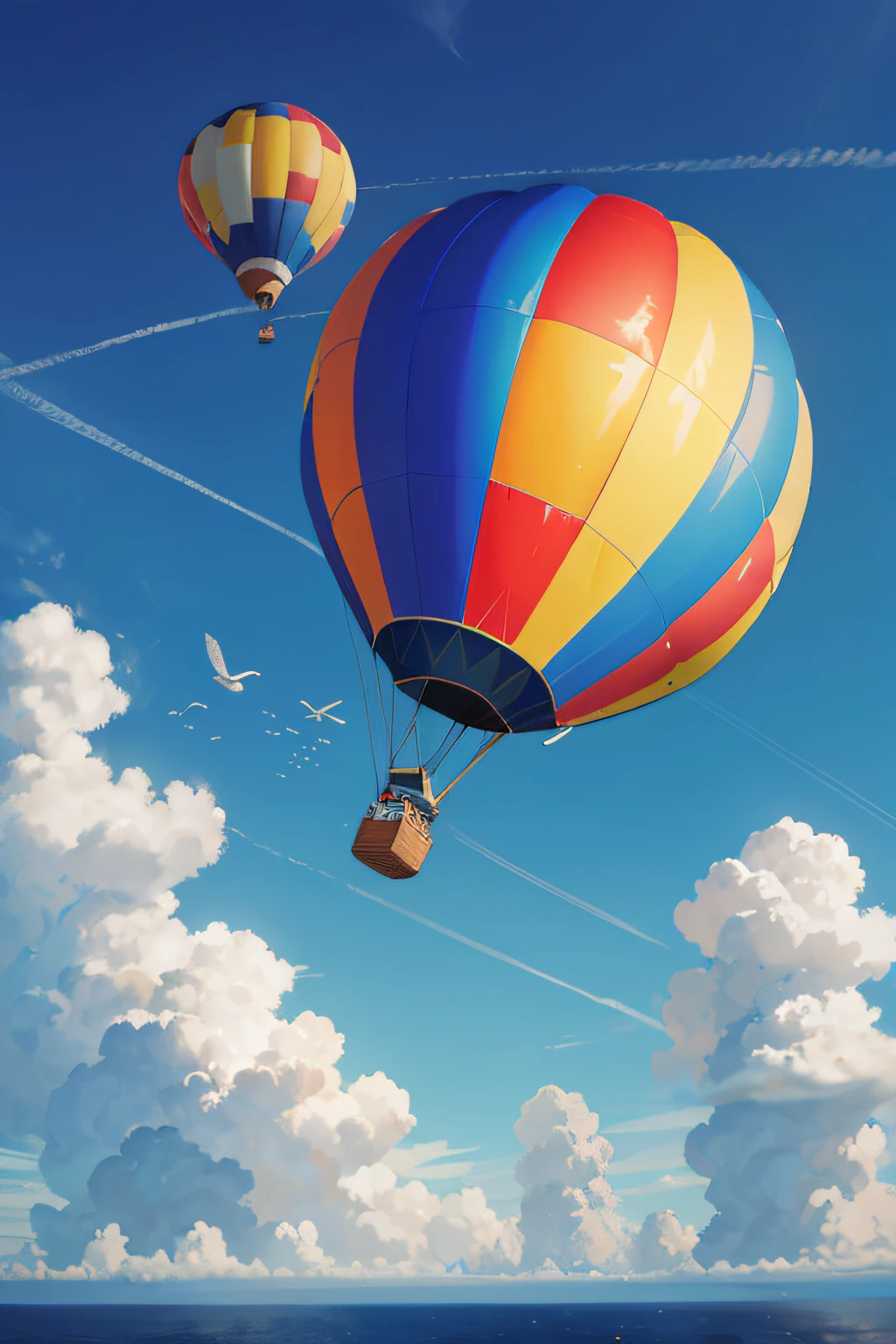 There are two hot air balloons flying in the sky above the ocean, hot air balloon, hot air balloon, as an air balloon, balloon, Flying in the sky, flying airships, fly in sky, airship in the sky, Giant airship in the sky, best on adobe stock, incredible high details, airship in the sky, A beautiful artwork illustration