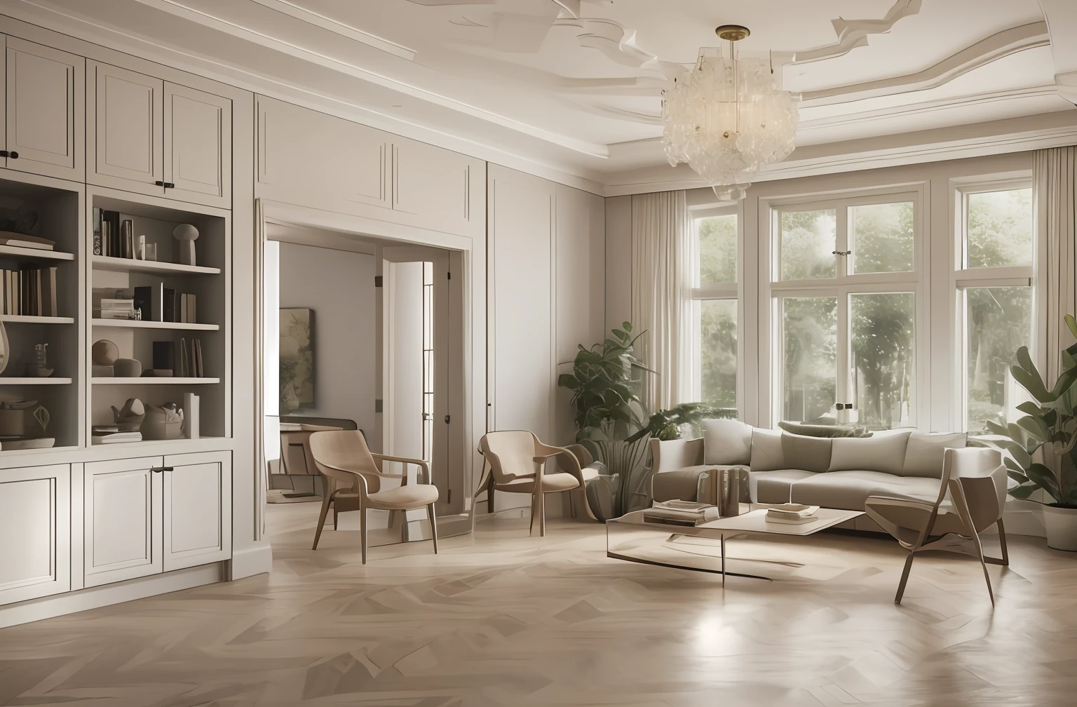 Living room, well arranged livable space, homy, (couch:1.3), (coffee table:1.3), (armchairs:1.3), dining table with chairs, Traditional design, crown holding, emphasis on on symmetry and order, classic decor elements, chandeliers and bookcases, neutral colour schemes with pops of bold colours, jewel tones