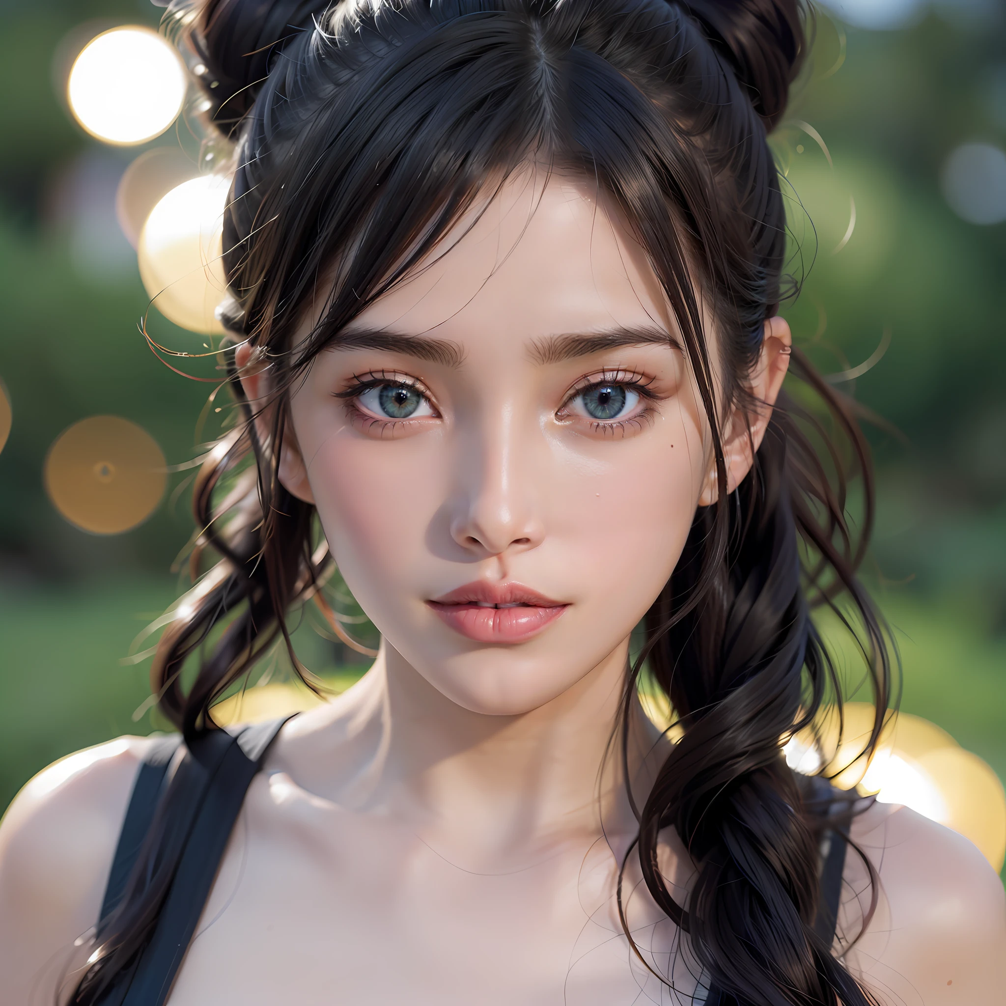 8K,RAW photos,best qualtiy,tmasterpiece,High-detail RAW color photos,profesional photo,(realisticlying,Photoreality:1.37),(highdetailskin:1.5),A high resolution,Beautiful and delicate sky blue eyes,(hardfocus:1.4),(Clear focus:1.4),realisticlying,(8K UHD:1.2),photorealistic High quality shadows,Cherry lips,Slender face,(Wavy hair),Half Up Top Knot,Ponytail braid,Pink big breasts,suggestive appearance,(Extreme Face Close-Up) , angle of view, (((depth of fields))), Pale and Lustrous Skin, Cropped shirt, 20yr old, buruma, the roof, Background bokeh, lens flare glow, (Vignette:0.8), dramatic lights, Cinematic lighting, Contre-Jour,Professional lighting,physically-based renderingt,Urzang-6500-V1 version.1,PureErosFace_V1。