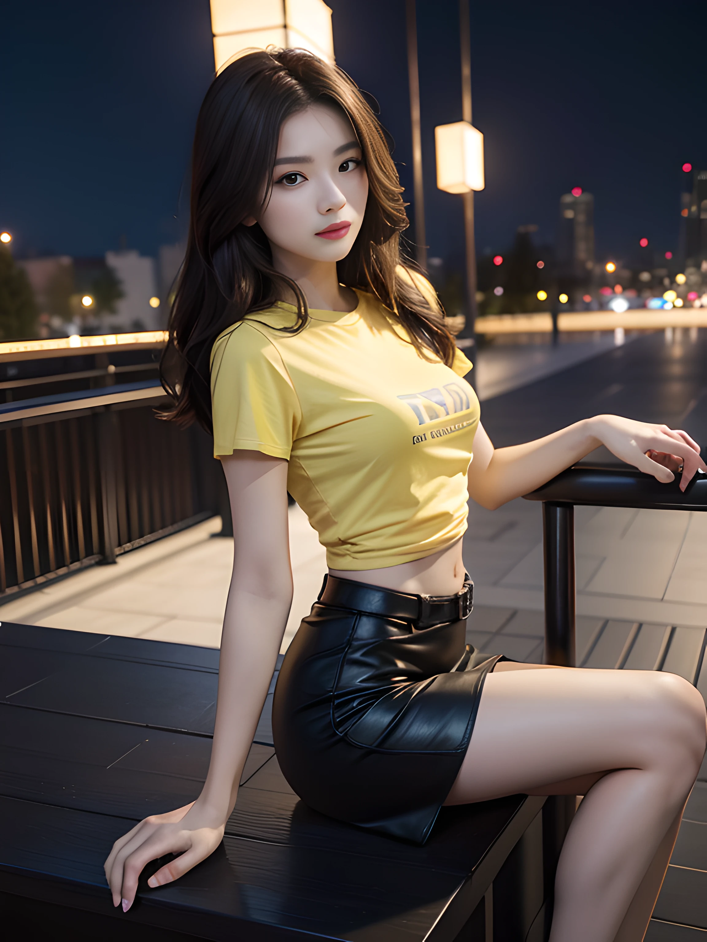 ((midynight, Acura, 8K, tmasterpiece: 1.3)), full bodyesbian, long leges, Focalors: 1.2, perfect figure beautiful woman: 1.4, Slim abs: 1.1, (dark brown hair,: 1.2 )), (Yellow skinny T-shirt, short skirt,sitting on a stool: 1.2), (city night scene, the roof: 1.3)), Highly Detailed Face and Skin Textur, detailedeyes, 二重まぶた,
