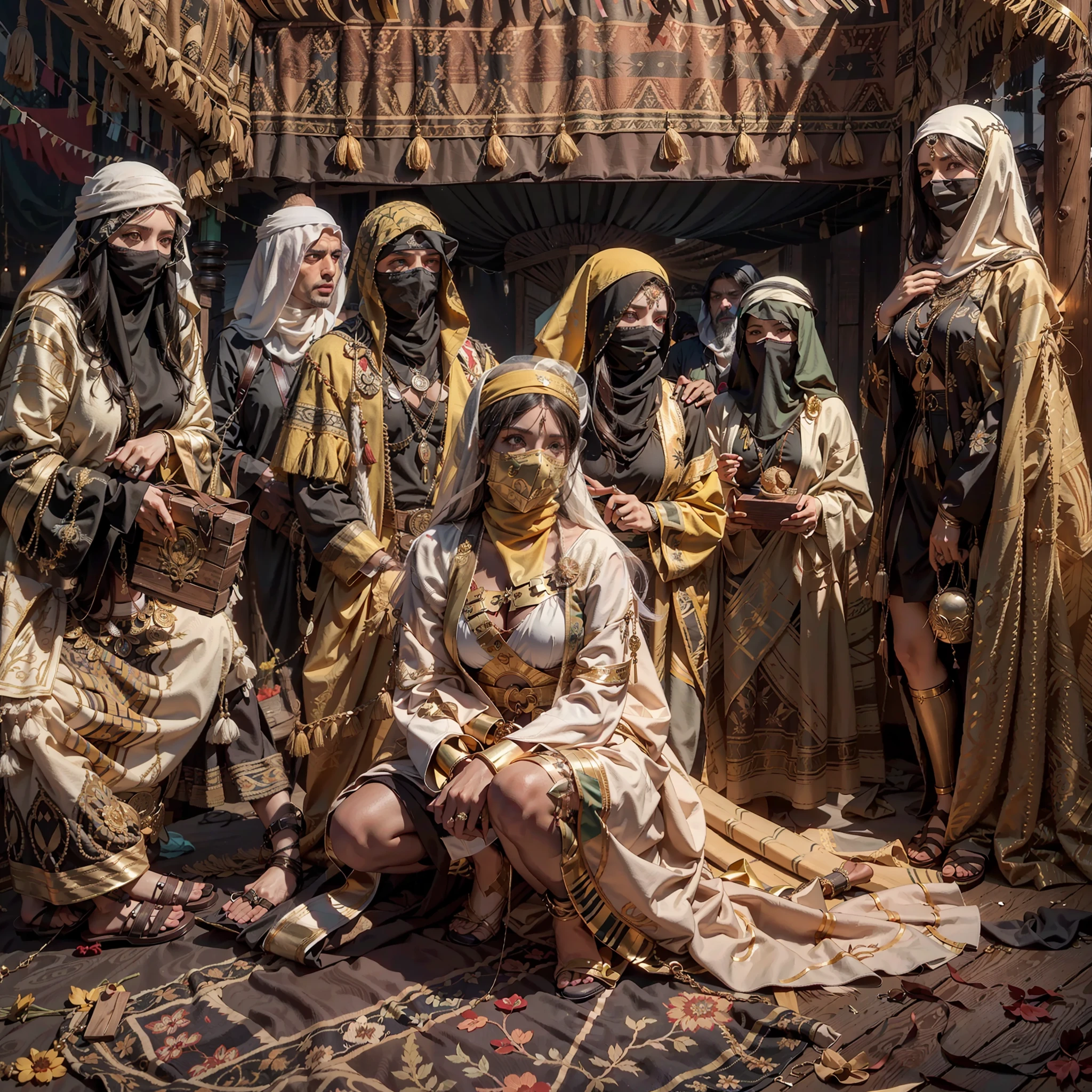 in a panoramic view,photorealestic,Full body like,In coastal cities,Modern luxury Arabian slave market,Slave girls monopolized the market,Six masked Arab slave girls were tied to the podium,binding,enslavement,Gaggage,bound waist,Blindfolded,handcuff,anklet,For people to choose,Luxury carpets,tapestry,Arabian luxury décor,Many Arab masked beauties,All Arab Beauty employees,All-Arab female guests,Masked woman in background opens wooden box,Drag out the bundled one,Slave girl trapped in a wooden box,A row of veils and masks on a luxury booth,Beautiful women wearing only underwear wear wear gorgeous burqas,There are female guests wearing veils,The masked female boss introduced on the side,All masked, Cinematic texture