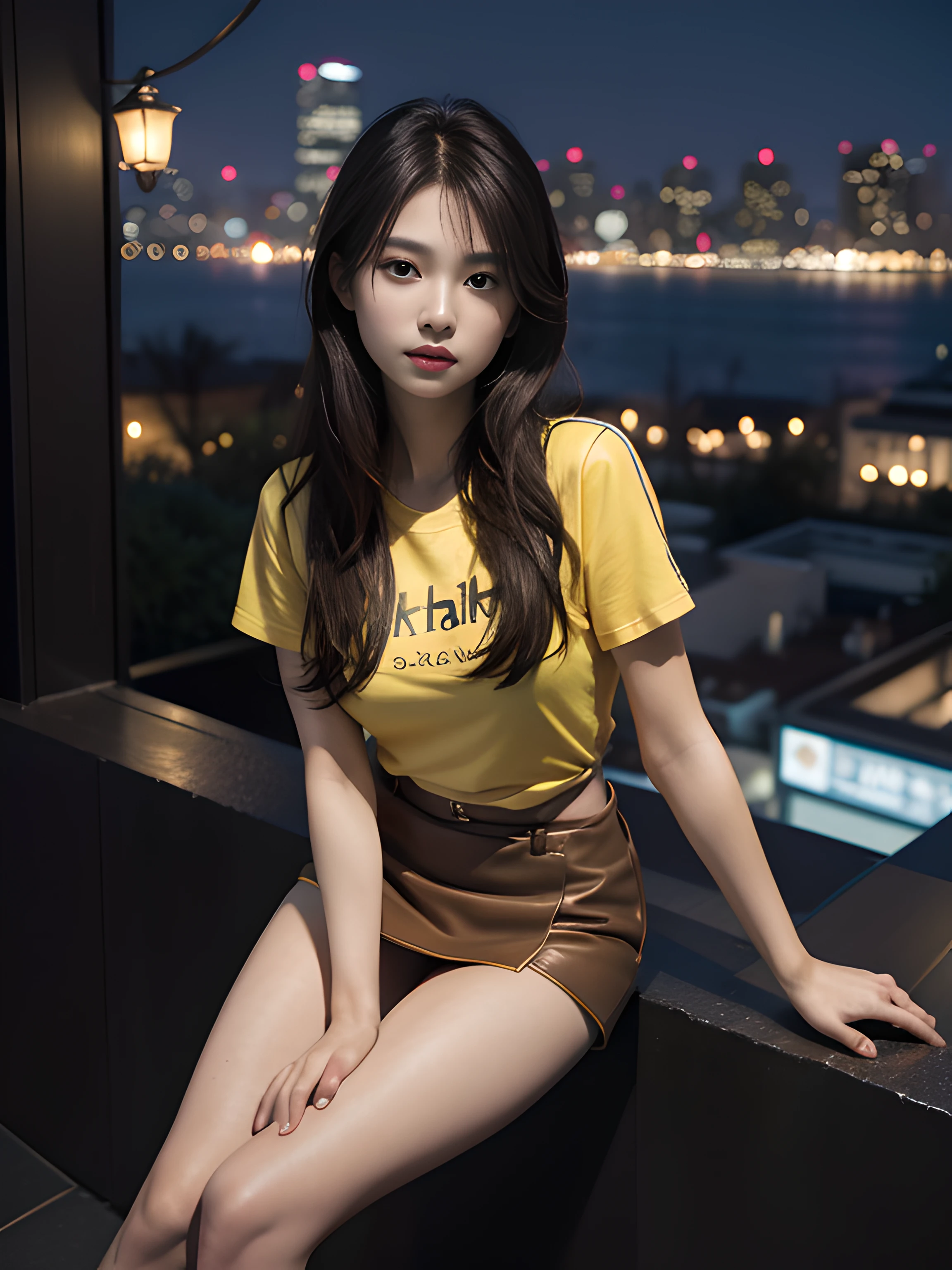 ((midynight, Acura, 8K, tmasterpiece: 1.3)), full bodyesbian, long leges, Focalors: 1.2, perfect figure beautiful woman: 1.4, Slim abs: 1.1, (dark brown hair,: 1.2 )), (Yellow skinny T-shirt, short skirt,sitting on a stool: 1.2), (city night scene, the roof: 1.3)), Highly Detailed Face and Skin Textur, detailedeyes, 二重まぶた,