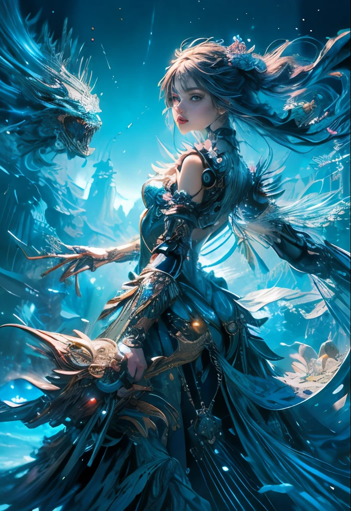 A woman in a blue dress with a dragon on her shoulder - SeaArt AI