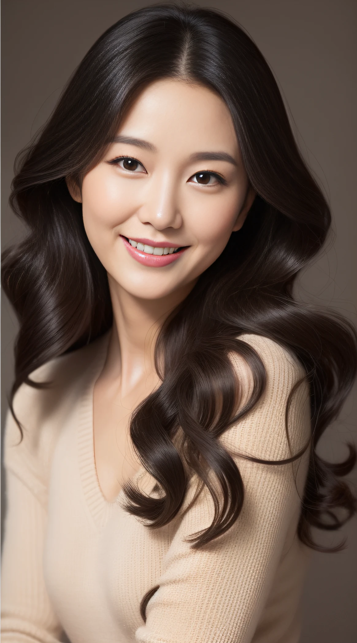 40-year-old woman,frontage,ssmile,1 person,perfect body figure,Long black hair curled into wavy shapes