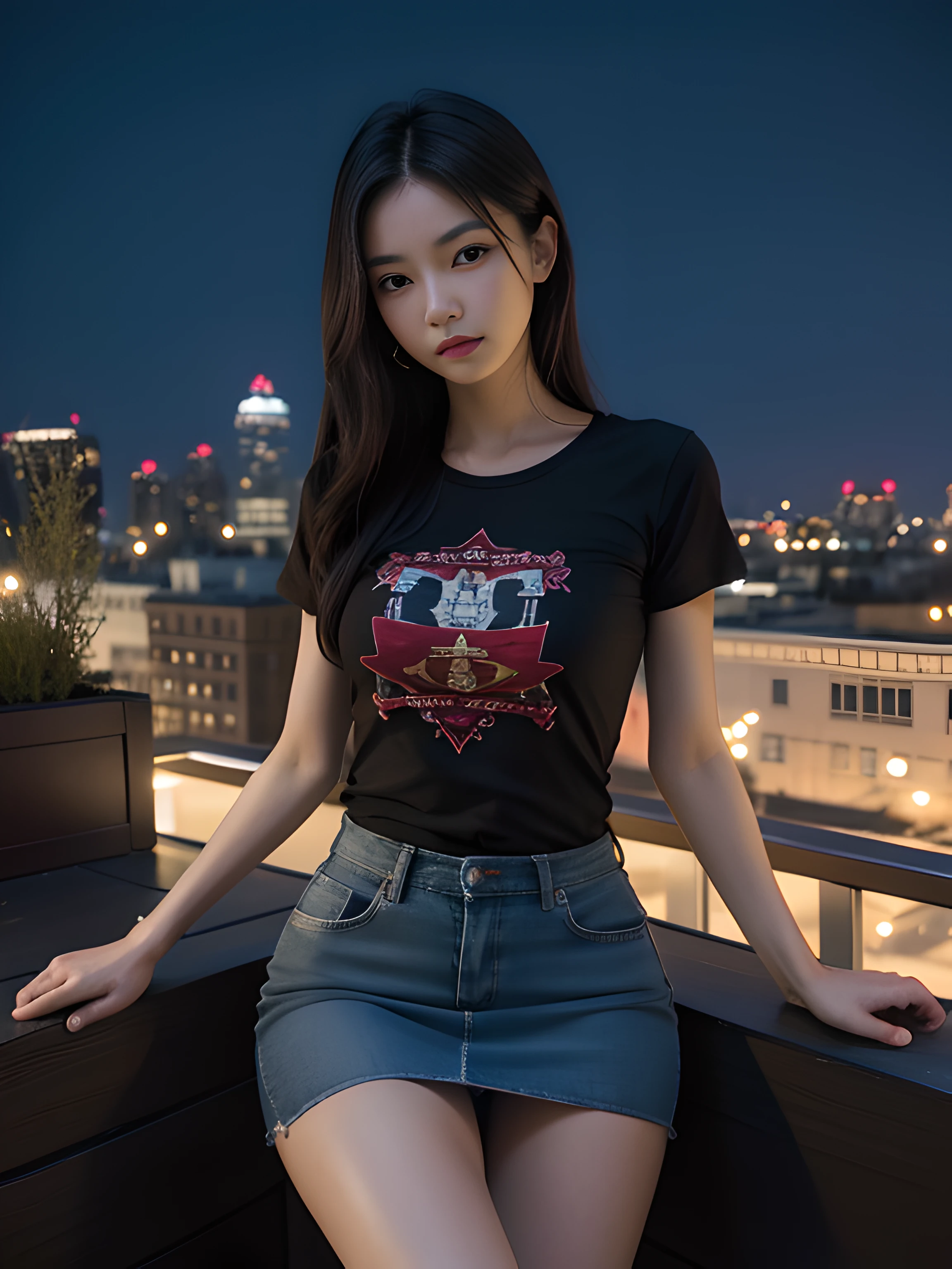 ((midynight, Acura, 8K, tmasterpiece: 1.3)), full bodyesbian, long leges, Focalors: 1.2, perfect figure beautiful woman: 1.4, Slim abs: 1.1, (dark brown hair,: 1.2 )), (Cyan skinny T-shirt, short skirt,sitting on a stool: 1.2), (city night scene, the roof: 1.3)), Highly Detailed Face and Skin Textur, detailedeyes, 二重まぶた,
