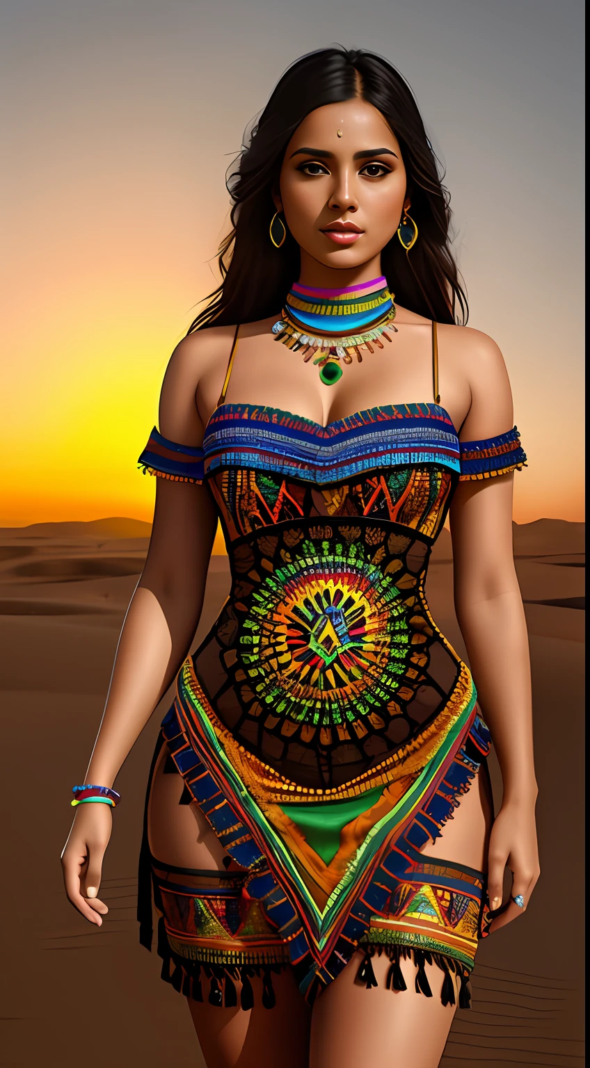 create Mariana Davalos in Full body photography of the most beautiful artwork in the world, a beautiful woman in intricate costume burning in the desert, rainbow colors, ArtStation, CGSociety, complex, high detail, clear focus, dramatic, realistic pictorial art trends Greg Rutkovsky