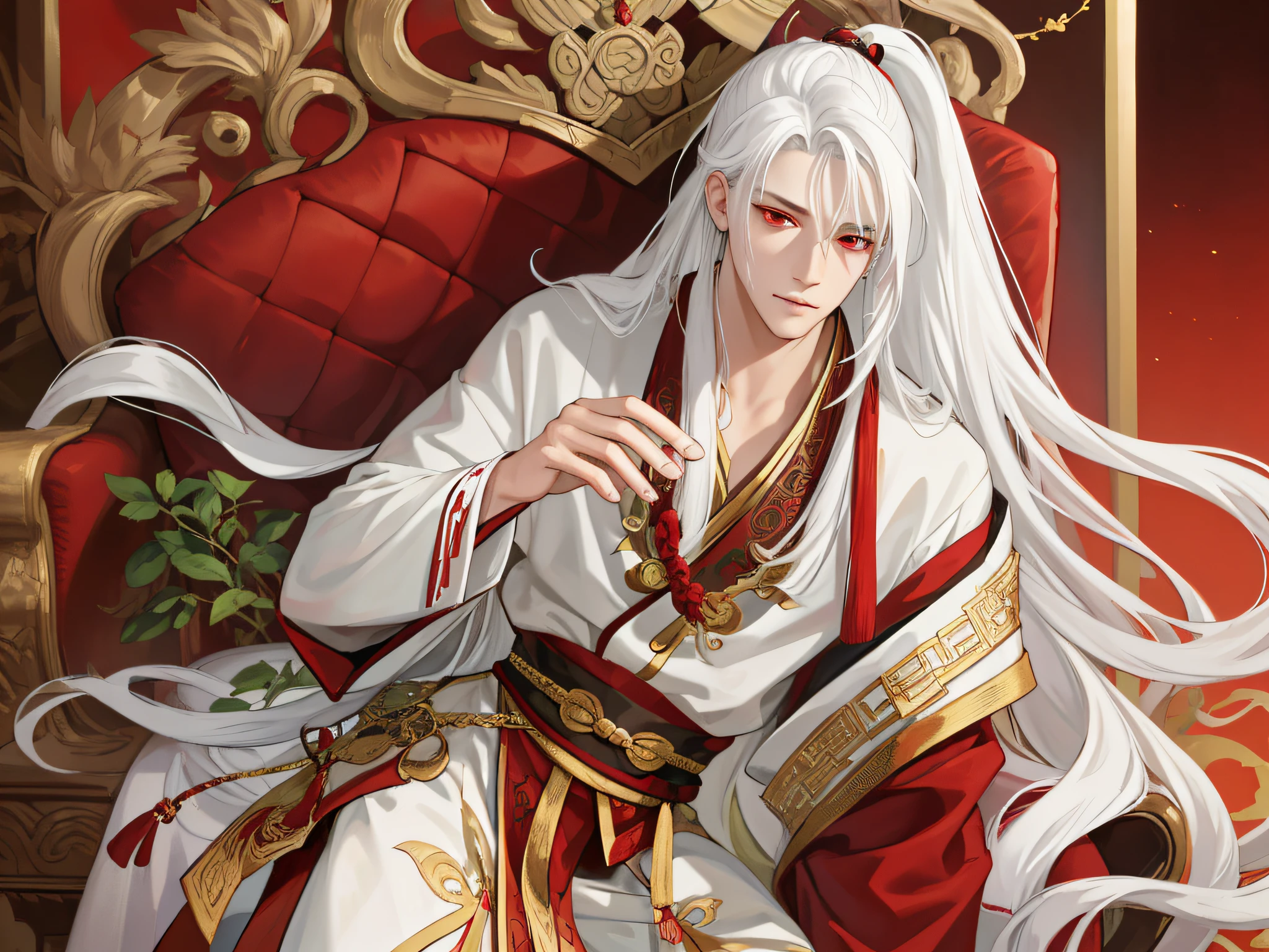 nsfw, masterpiece, best quality, ultra-detailed, semi-realistic, detailed facial features, 1boy, white hair, long hair, red eyes, wearing a detailed and intricate xianxia ancient clothes