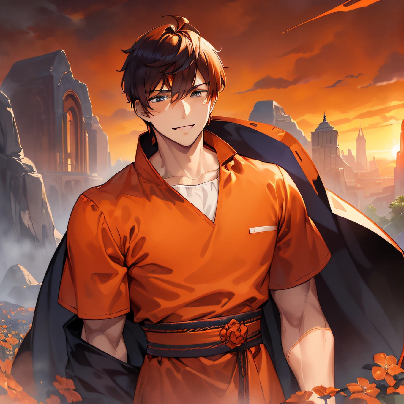 Masterpiece, Top quality, One guy, (((complex clothing, "Burnt Orange" theme)), smiling expression, Tall and strong, short-haired, brunette man with strong build, Man with short black hair,wearing white robes with, side-swept fringe, indigo blue eyes, Golden eyes, sky, Flowers, Sunset, the complex background, dynamicposes, Action scenes