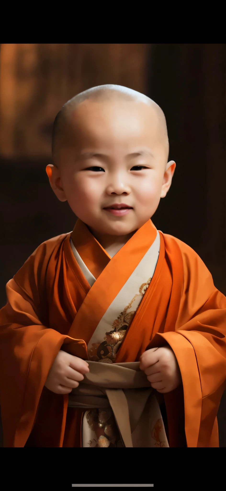 Close-up of a in a robe holding a belt, monk clothes, buddhist monk, monk, Buddhist, 2 1 st century monk, portrait of monk, wearing brown robes, ancient japanese monk, monk meditation, wearing a long flowing robe, dressed in simple robes, orange robe, Taoist temples and monks, Buddhism, Serene expression, a serene smile, Cute , monk