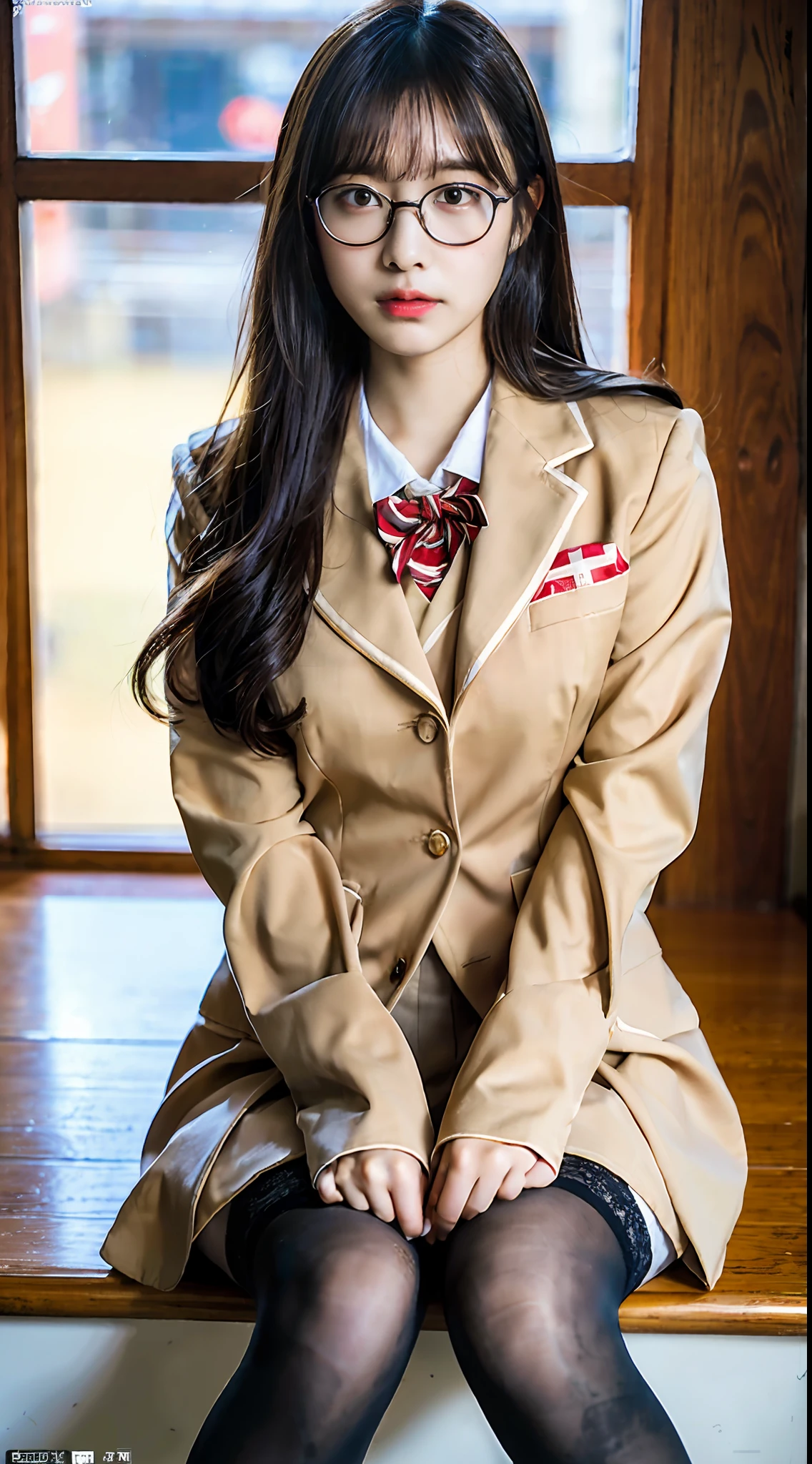 ulzzang-6500-v1.1, (Raw photo:1.2), (Photorealistic:1.4), Beautiful detailed girl, Very detailed eyes and face, Beautiful detailed eyes, Ridiculous, Incredibly ridiculous, Huge file size, Ultra detailed, High Definition, Very detailed, Best quality, Masterpiece, Kemomimi, ((Japan Girls' High School Uniform)), pantyhose, Illustration, Very detailed, CG, Unification, 8k wallpaper, amazing, fine detail, masterpiece, best quality, highly detailed cg uniform 8k wallpaper, face light, movie lighting, 1 girl, 16 years old, (without panties)), (with glasses), (dynamic pose))), (camel toe), (half), (bent knees and legs sitting))