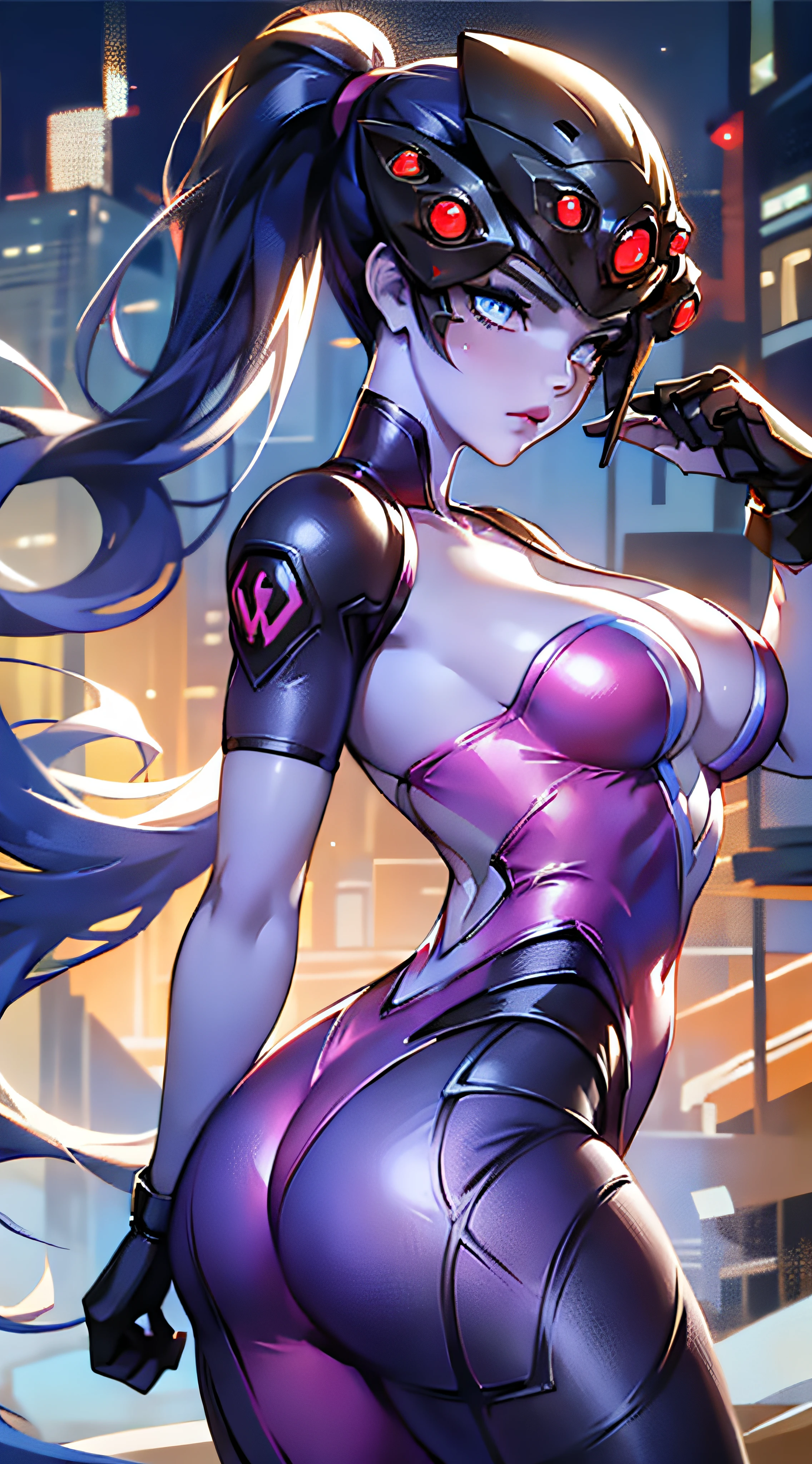 tmasterpiece，best qualtiy，8K，k hd，1girll，Human maiden，widowmaker（Overwatch），ar old，ng，Chu Chu pitiful，（High ponytail）， gigantic cleavage breasts：1.3，Eyes sparkle，（glowing light eyes：1.233），Tight combat suit，did not wear underwear，sniper gun，（beautiful and detailed eye：1.1），Blushlush，Beautiful cityscape，the night，Side view，（（（cowboy lens）））