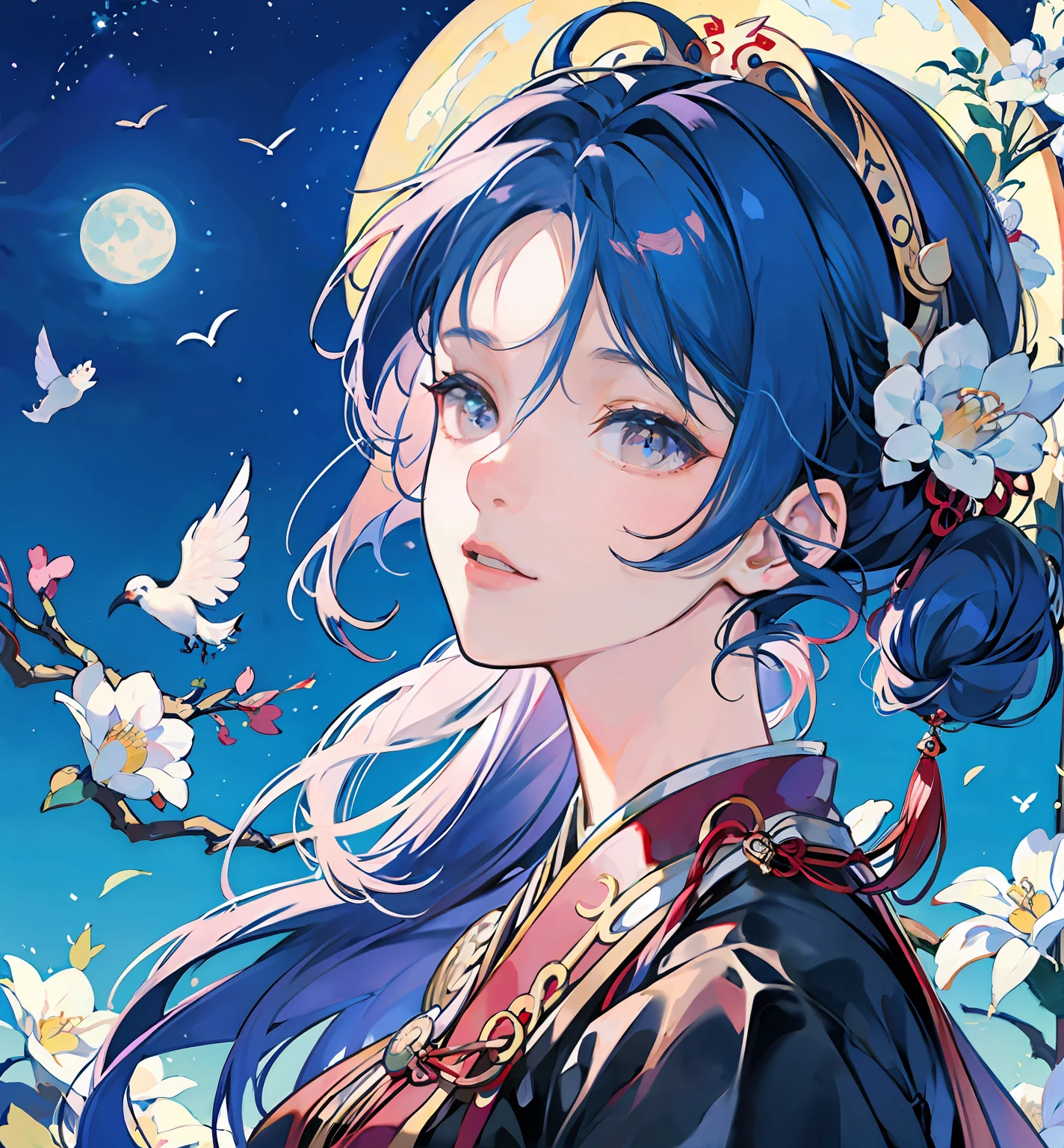 Qixi Festival,Hanfu,A man and a woman wear Hanfu,Magpie Bridge,magpie,themoon,nigth,high qulity,tmasterpiece,Beautiful Girl Bishonen,Ambient --auto