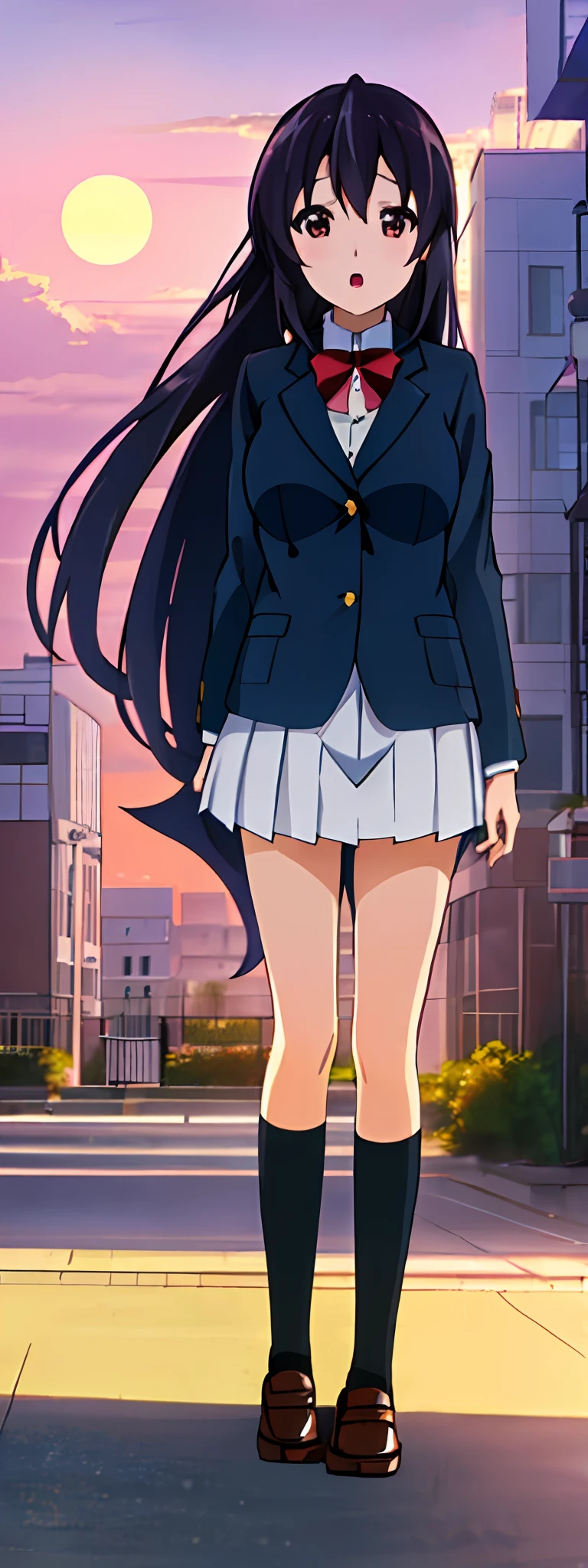 1girl, (((masterpiece))), top-quality, top-quality, High Details, nakano azusa, 1girl, Sakuragaoka High School Uniform, student clothes, Twin-tailed, length hair, A dark-haired, brown-eyed, 独奏, reddish, Dark blue blazer with thin red ribbon, Solid white buttoned shirt under blazer, illustratio, comic strip, soothing tones, Subdued Color, Soft cinematic light, adobe lightroom, photolab, HDR, intricately and hyper-detailed、(((depth of fields))))。(((masterpiece)))。(((top-quality))).)((ultra-detailliert)))。(((illustratio)))。(((takeout))).dynamic focus.big breasts.(((Skyscrapers))).(((A city scape))).(((Face of sadness))). open mouth.(((put hands on the hip))).(((up chest))).((evening glow)).((the setting sun)).