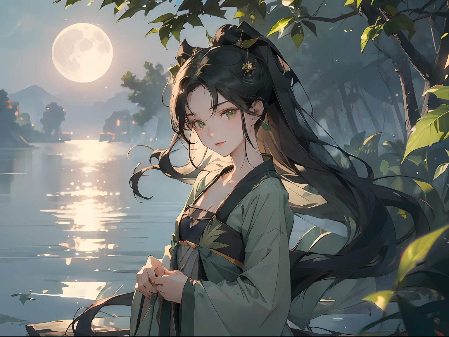 1 woman，16 yaers old，Long flowing black hair，Nice face,Pale green hanfu，Green eyes，Standing on the lake，ssmile，closeup cleavage，the night，full moon，A gentle breeze，