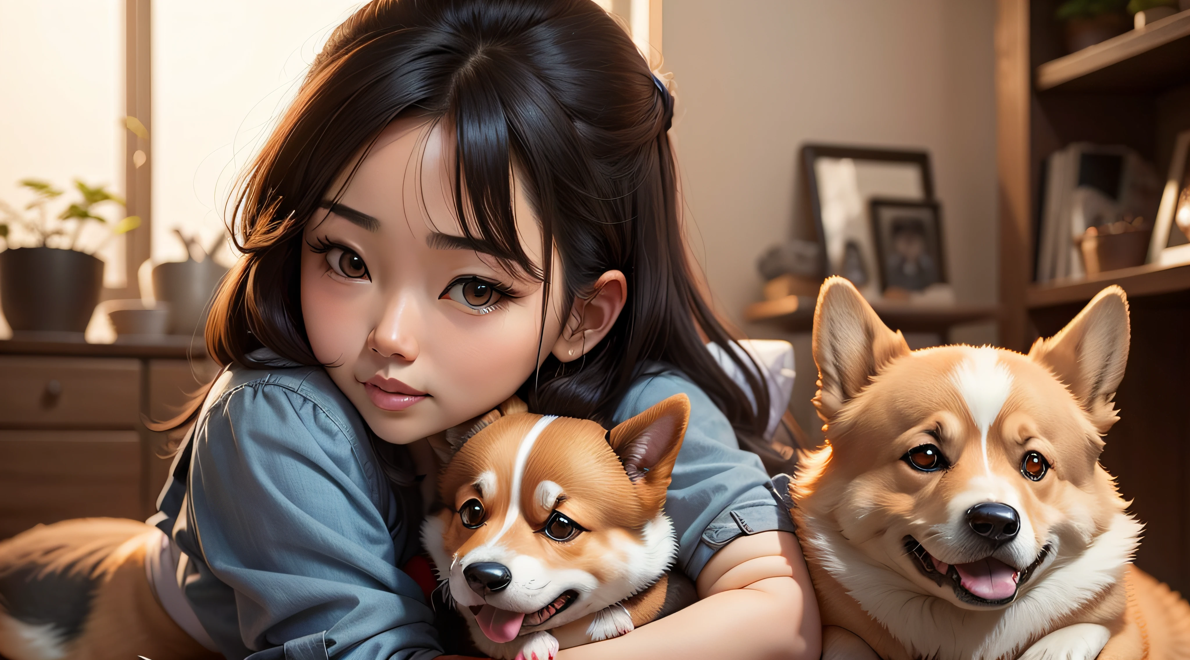 a cute asian women hold the corgi