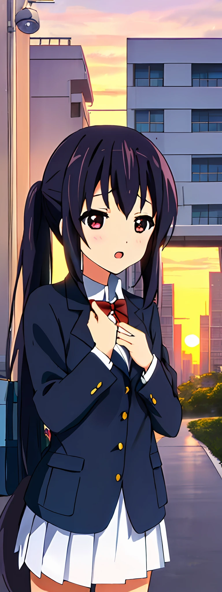1girl, (((masterpiece))), top-quality, top-quality, High Details, nakano azusa, 1girl, Sakuragaoka High School Uniform, student clothes, Twin-tailed, length hair, A dark-haired, brown-eyed, 独奏, reddish, Dark blue blazer with thin red ribbon, Solid white buttoned shirt under blazer, illustratio, comic strip, soothing tones, Subdued Color, Soft cinematic light, adobe lightroom, photolab, HDR, intricately and hyper-detailed、(((depth of fields))))。(((masterpiece)))。(((top-quality))).)((ultra-detailliert)))。(((illustratio)))。(((takeout))).dynamic focus.big breasts.(((Skyscrapers))).(((A city scape))).(((Face of sadness))). open mouth.(((put hands on the hip))).(((up chest))).((evening glow)).((the setting sun)).