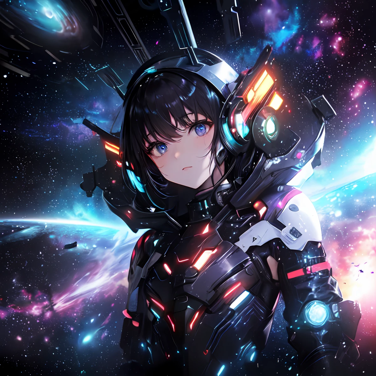 (masterpiece、top-quality、top-quality、Official art、ighly detailed、Beautifully Aesthetic:1.2)、(1girl in),cosmic space、cyberpunked、Future Space Combat Suits、((nebulas))、Delicate Light、Intuitive、Precise focus、cinema4d、Dramatic、