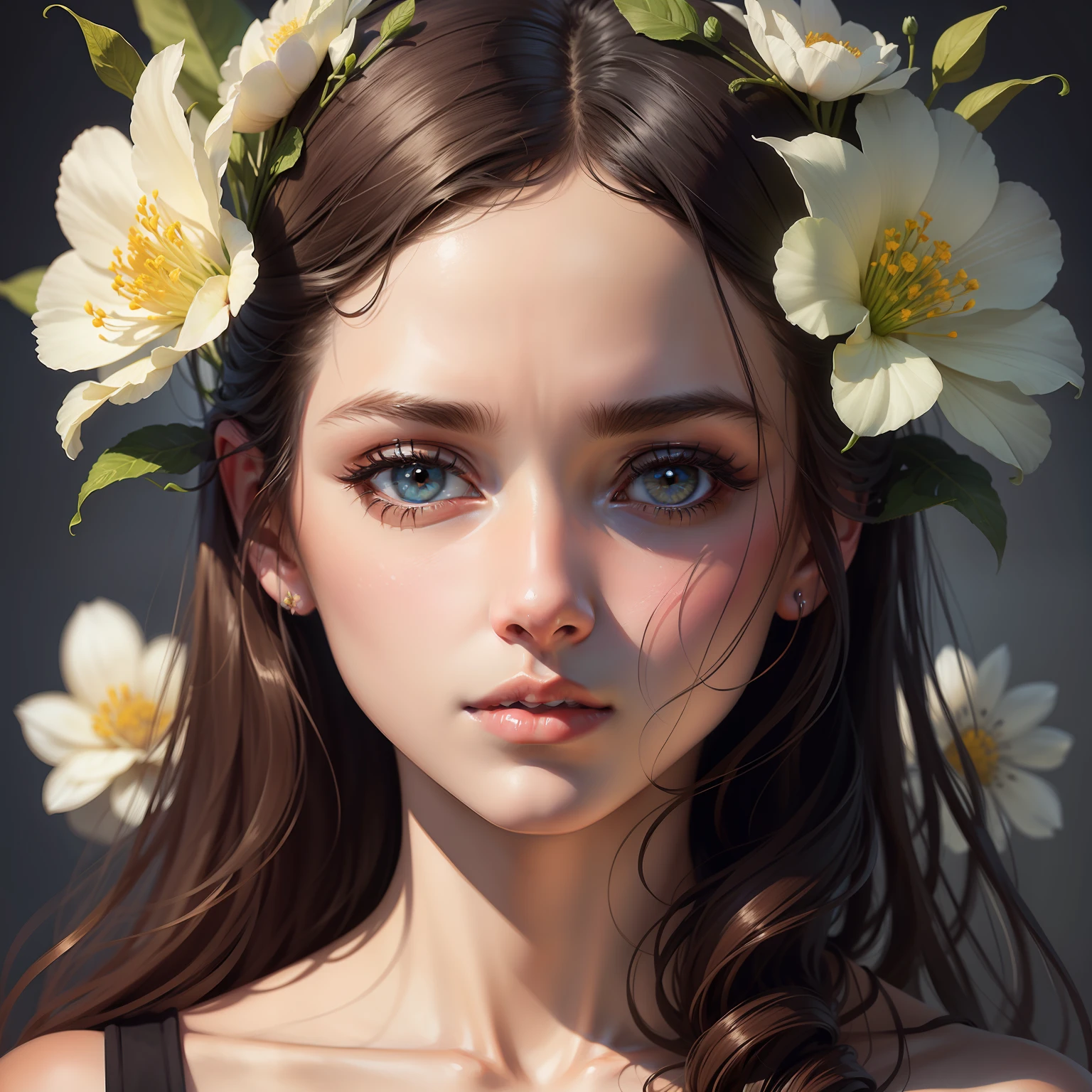 Beautiful girl, digitally drawn poster, portrait, delicate flowers, realism, ultra high definition image