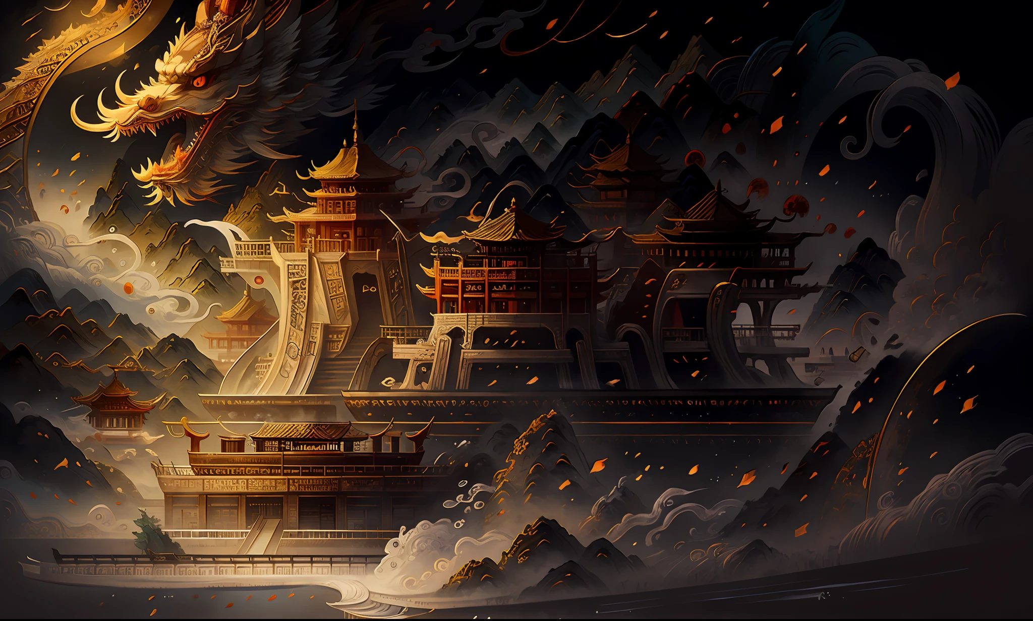 Ancient Chinese scenery, mountains, rivers, auspicious clouds, pavilions, sunshine, masterpieces, super detail, epic composition, Ultra HD, high quality, extremely detailed, official art, unified 8k wallpaper, Super detail, 32k -- v 6