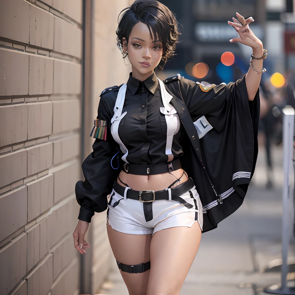 The full body of a flamboyant ebony girl with chocolate skin dressed in Vasco da Gama's uniform consists of a black shirt with white diagonal stripes, shorts blancs et chaussettes noires. very smiling and anthousiaste