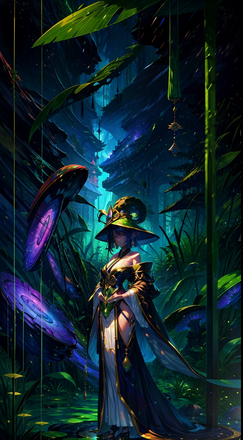 1 girl, colored skin, elf ear , jade robe, queen, jade iris, jade mushroom,
Jade stars, jade galaxies, jade mushroom forest, jade mushroom hat,full body,