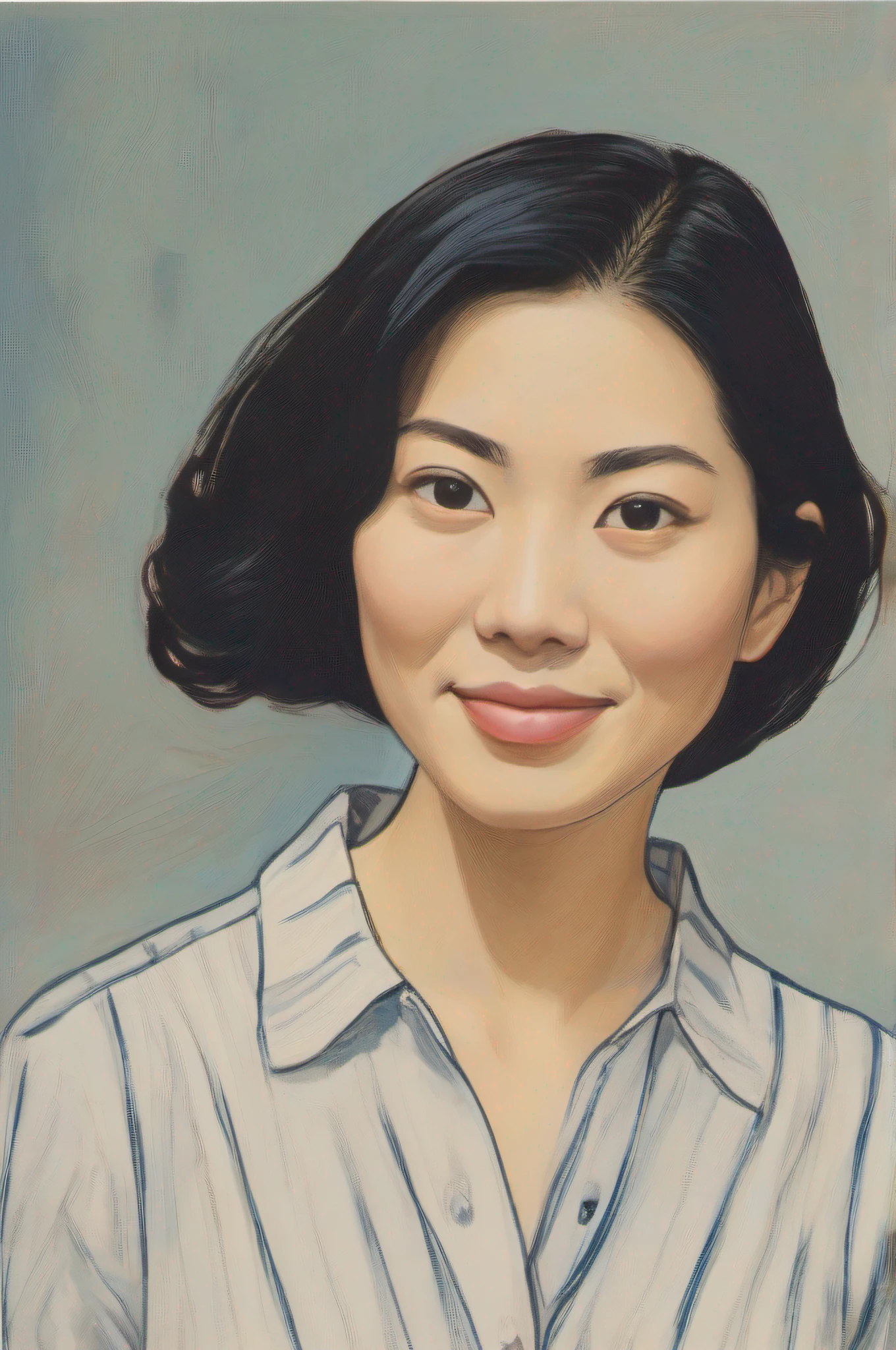 A Chinese woman in her early 30s, with a beautiful oval face, almond-shaped eyes, monolid, low cheekbones, pointed nose, short eyelashes, fair and smooth skin with freckles, natural and makeup-free, with a mole on the left nostril and right corner of the mouth, fine lines around the mouth, sporting a short ponytail and straight hair, dressed in a simple blue dress, standing in an office, wearing a gentle smile, exuding a kind and nurturing demeanor. artwork by Marjane Satrapi