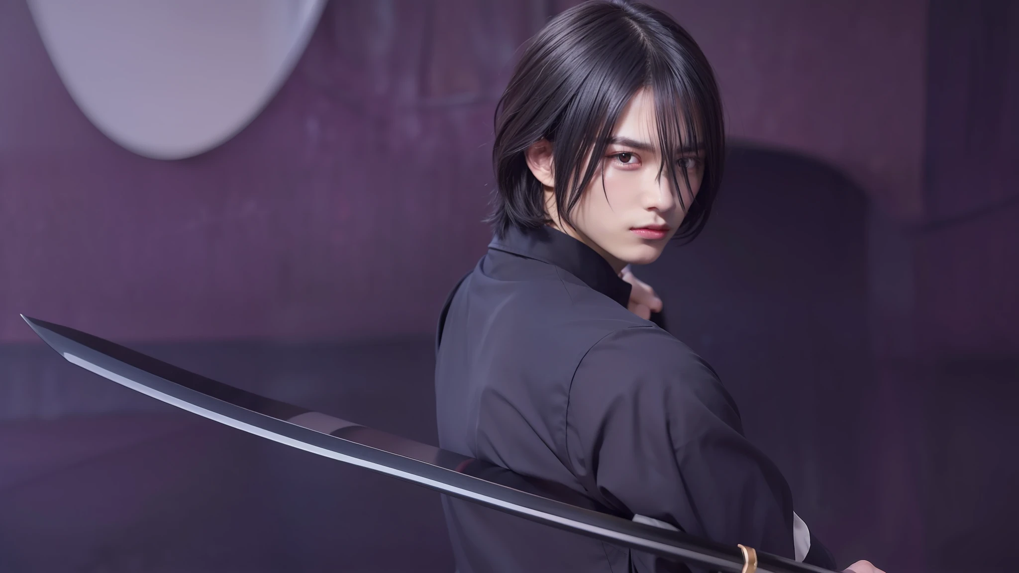 1boy,men face,handsome,long black hair,spiky hair,hair covering the eyes,not smiling,serious face,black shirt,black mantel,long sleeve,katana,hold katana,looking at viewer,realistic,more detail,70 mm lens
