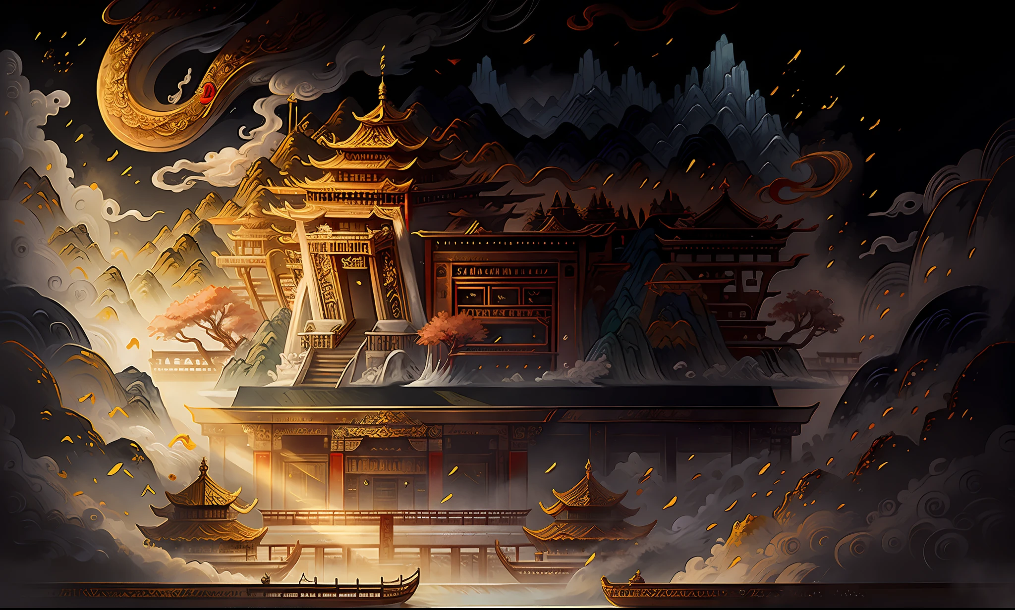 Ancient Chinese scenery, mountains, rivers, auspicious clouds, pavilions, sunshine, masterpieces, super detail, epic composition, Ultra HD, high quality, extremely detailed, official art, unified 8k wallpaper, Super detail, 32k -- v 6