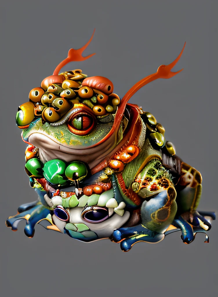 here is a yellow frog with a bunch of eyes on its head,two long tongues, on it stomach, Dark green beads tied with red knots on it neck, eye ball inside Dark green beads, baby toadmurai, japanese - creature, japanese style, colored zbrush render, very detailed toad, yoshitaka amano octane render, zbrush contest winner, frogzilla creature, rendered art, hyperdetailed fantasy character, highly detailed creature, zbrush central contest winner. lighting feom top left side. only yellow and green colour on the body