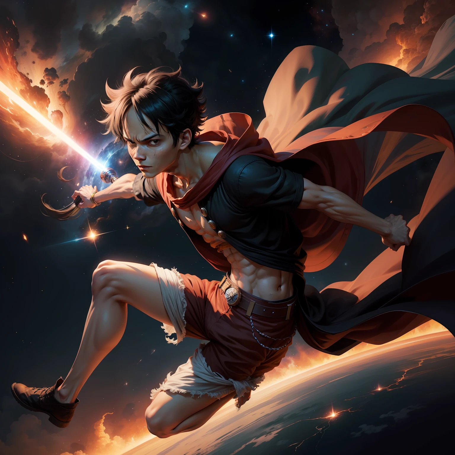 Luffy in space，The universe floats，Heroic and fearless，back lit lighting，starryskybackground，black toga，Flame atmosphere，featheredwings，lightsabers，Gorgeous lighting effects，Pirate flag