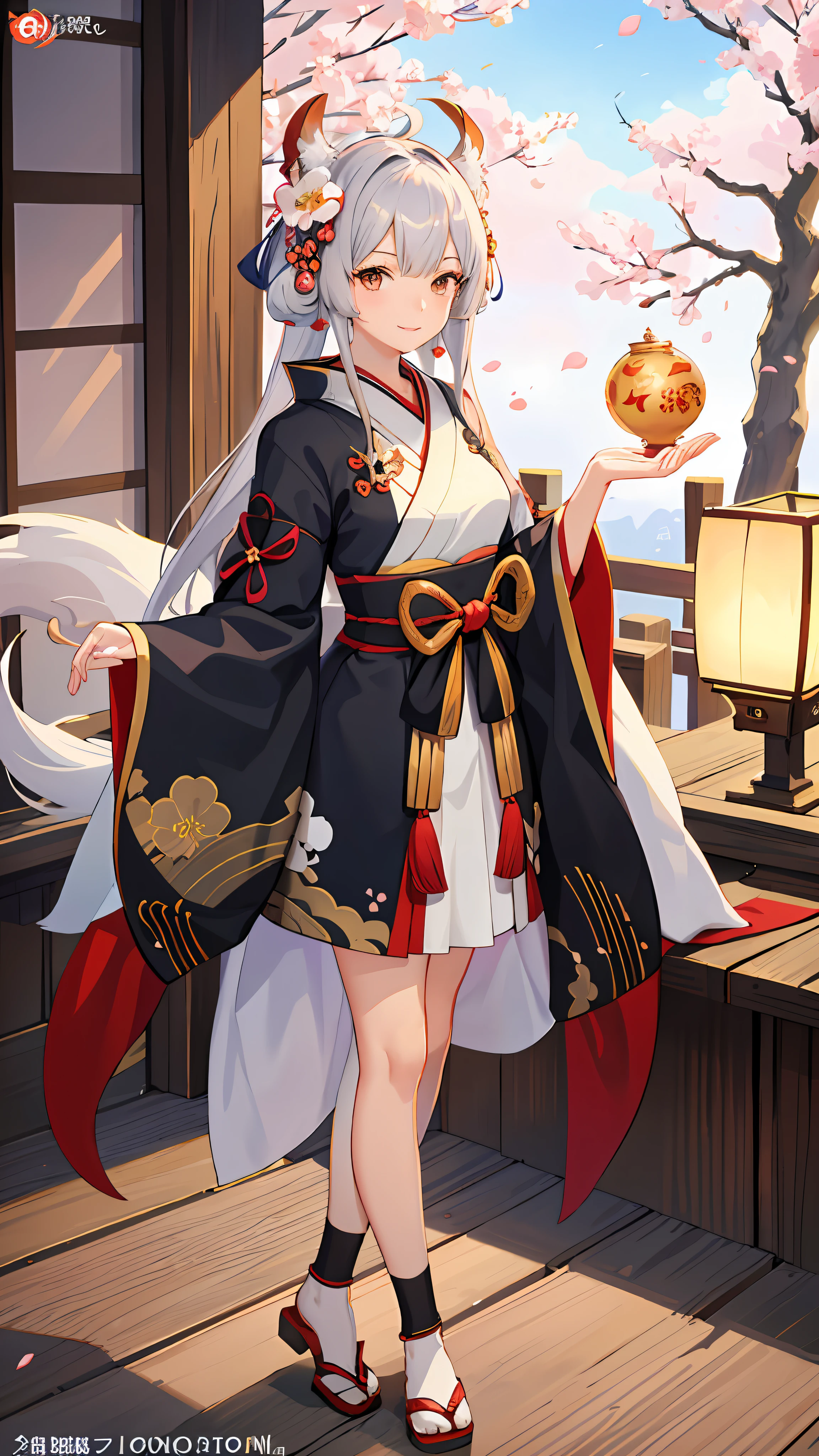 kimono, standing, 1 girl, 8K, White lining, Black coat, High quality, Look at the viewer,beast ear, wearing a kitsune mask, brunette,shrines,torii,the cherry trees,Fluttering flowers,anime moe art style,Kantai collection style,a serene smile,azur lane style,anime visual of a cute girl,offcial art,a beautiful anime portrait,Beautiful anime girls,komono,onmyoji portrait,smooth anime cg art,8K