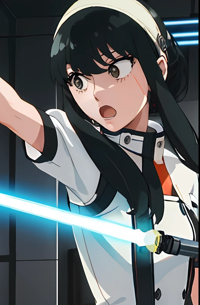 1girl, solo,
yor showcasing her skills with a lightsaber swinging