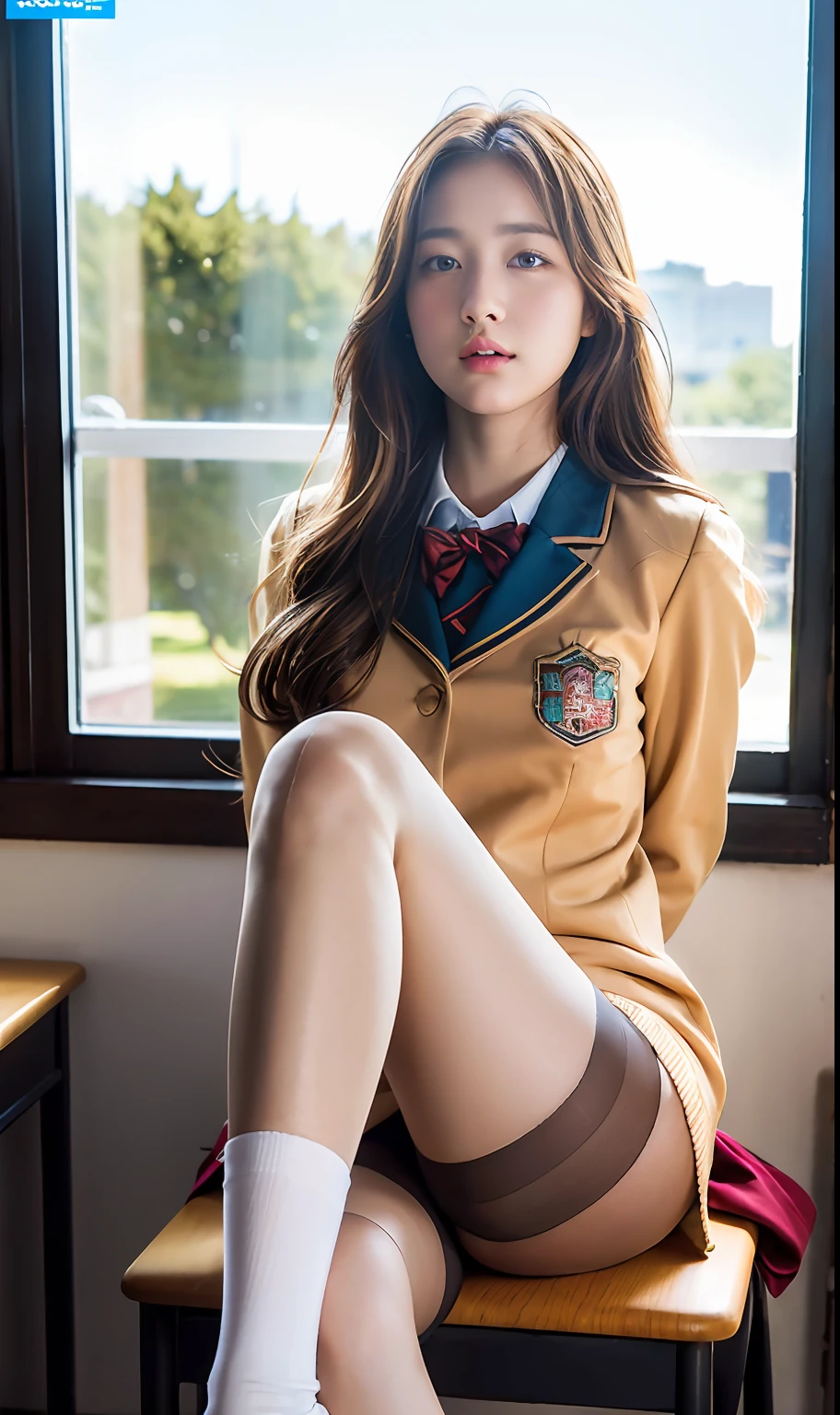 ulzzang-6500-v1.1, (Raw photo:1.2), (Photorealistic:1.4), Beautiful detailed girl, Very detailed eyes and face, Beautiful detailed eyes, Ridiculous, Incredibly ridiculous, Ultra detailed, High resolution, Very detailed, Best quality, Masterpiece, ((Japan girls' high school uniform)), pantyhose, In the classroom, by the window and outside the blue sky, unified, 8k wallpaper, fantastic, fine detail, masterpiece, top quality, highly detailed cg uniform 8k wallpaper,movie lighting, 16 year old girl, (dynamic pose))), (camel toe), (knee bending leg sitting))