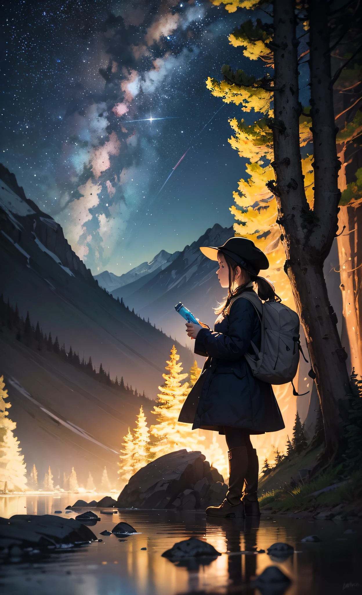 Masterpiece, Best quality, Ultra-detailed, illustration, 1girll（Perfect facial features，Perfect side face，anatomy correct），Scale to scene is 1：10, Solo, Outdoors, camping, Night, Mountains, Nature, stars, Moon, bonfires, tenten, double-ponytail, Green eyes, cheerful big breasts, cheerfulness, head looking up，Look at the stars，Backpack, sleeping bag, Camping stove, Water bottle, Mountain boots, mitts, Sweater, Hat, Flashlight, forest, Rocks, River, wood, Smoke, Shadows, Contrast, Clear sky, constellation, Milky Way, Peaceful, serene, Quiet, tranquil, Remote, secluded, Adventurous, exploration, escape, independence, Survival, resourcefulness, challenge, perseverance, endurance, endurance, Observation, intuition, Adaptability, creativity, imagination, Artistry, Inspiration, Beauty, in awe, Wonder, Gratitude, Appreciation, unwind, Enjoyment, rejuvenation, Mindfulness, Awareness, Connection, Harmony, balance, Texture, detail, Realism, Depth, Perspective, composition, Color, Light, black shadows, Reflection, refractions, Ton, Contrast, foreground, Middle ground, Background, Naturalistic, Figurative, representational, impressionistic, expressionistic, abstracted, Innovative, Experimental, Unique