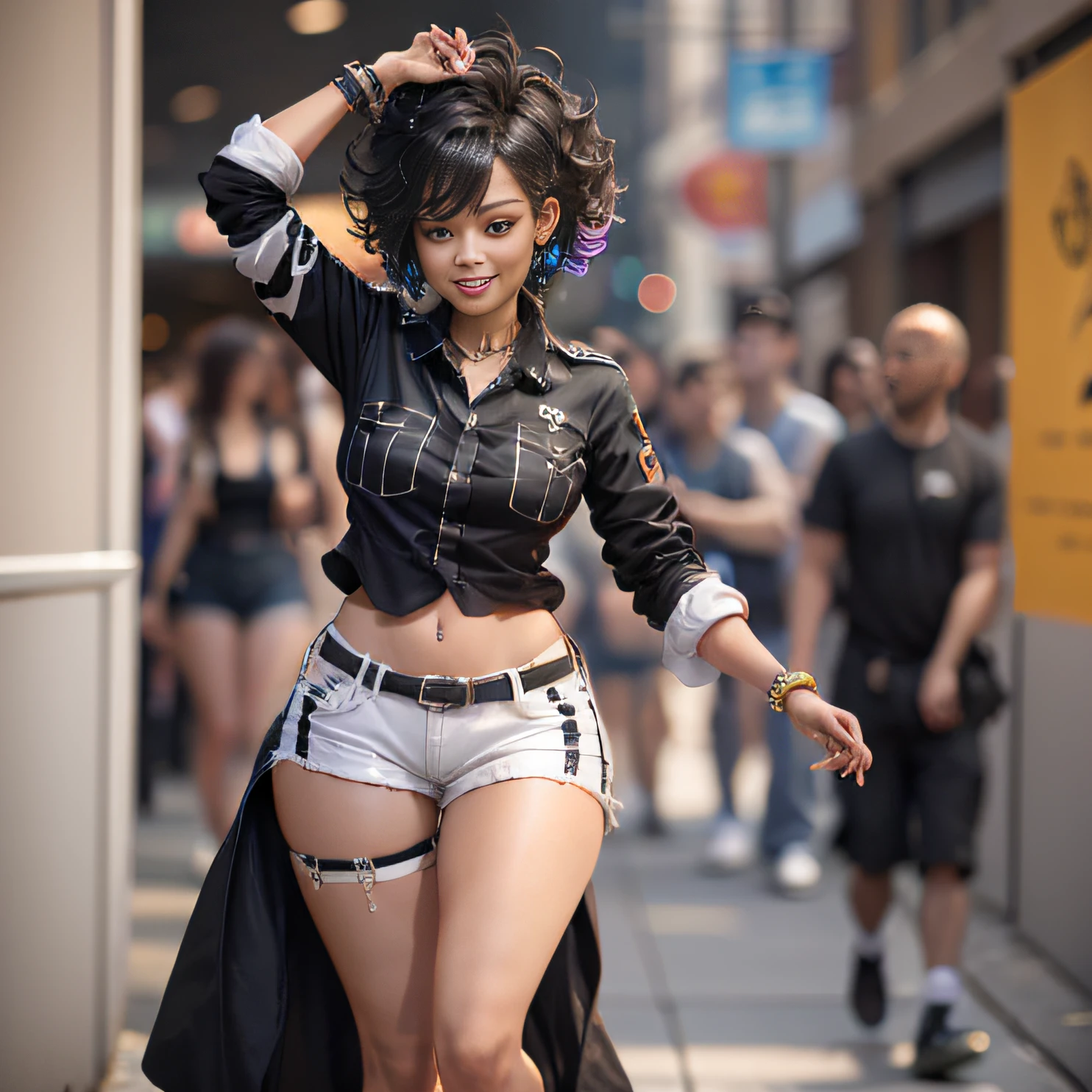 The full body of a flamboyant ebony girl with chocolate skin dressed in Vasco da Gama's uniform consists of a black shirt with white diagonal stripes, shorts blancs et chaussettes noires. very smiling and anthousiaste
