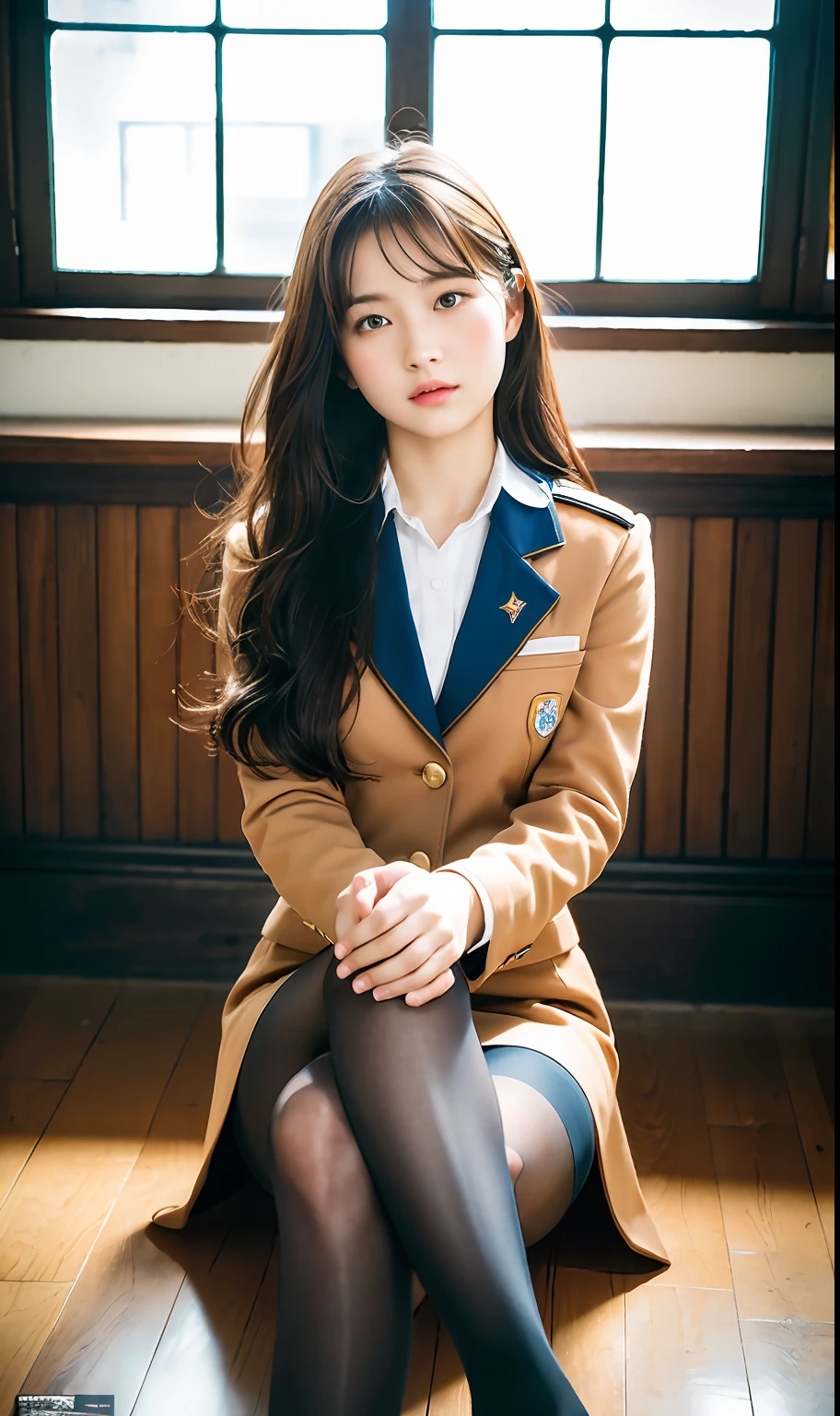 ulzzang-6500-v1.1, (Raw photo:1.2), (Photorealistic:1.4), Beautiful detailed girl, Very detailed eyes and face, Beautiful detailed eyes, Ridiculous, Incredibly ridiculous, Ultra detailed, High resolution, Very detailed, Best quality, Masterpiece, ((Japan girls' high school uniform)), pantyhose, In the classroom, by the window and outside the blue sky, unified, 8k wallpaper, fantastic, fine detail, masterpiece, top quality, highly detailed cg uniform 8k wallpaper,movie lighting, 16 year old girl, (dynamic pose))), (camel toe), (knee bending leg sitting))