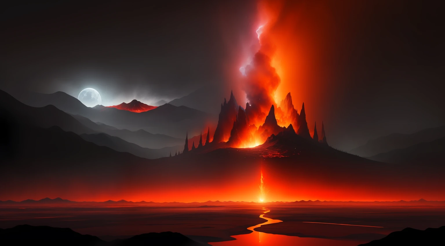 [Hell view of fire in the distance：0.5] Immerse yourself in a huge rain of fire，There is the moon in the upper left，No Man，Live in hell，firey，borgar，meteorite， （Doubleexposure：1.3），Surreal dreams，Black and red atmosphere，dyna，hdr